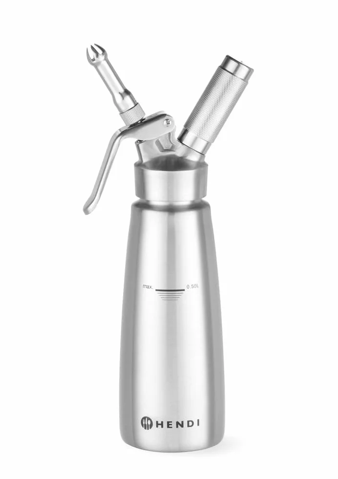 Hendi Sifone per cucina, set di 3 ugelli erogatori ed una spazzolina per la pulizia, per panna montata, mousse, dessert, sifone per panna montata, 0,5L, ø85x(H)235mm, acciaio inox, 0.5L