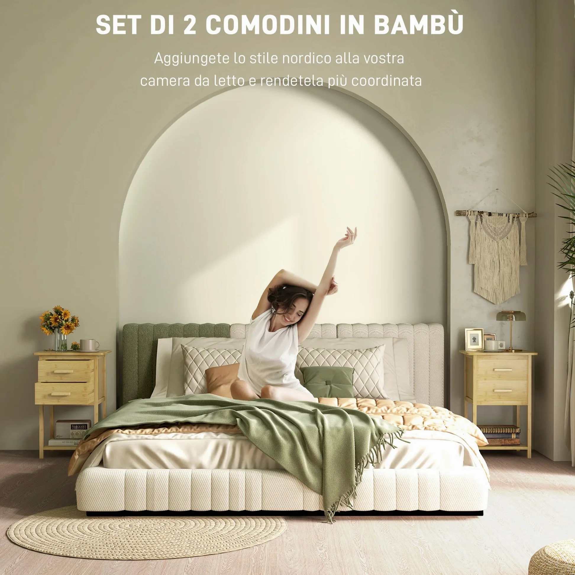 HOMCOM Set 2 Comodini con 2 Cassetti e Ripiano, 40x34x60 cm, Color Legno | Ripiano Inferiore, Stile Nordico, Comodini Moderni in Bambù