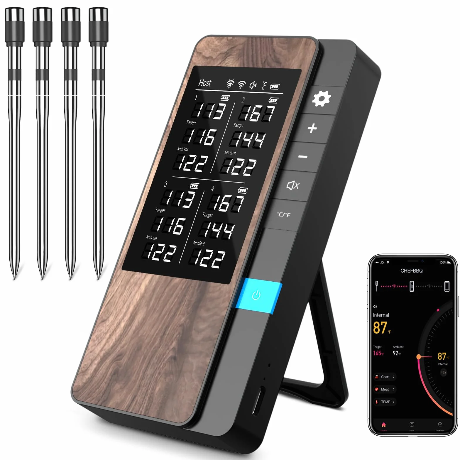 Termometro Carne Confezione da 4, Termometro BBQ con APP, IP67 Impermeabile Termometro Carne Wireless per Barbecue, Forno, Griglia, Cucina, Girarrosto