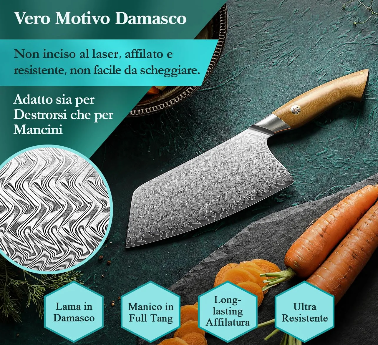HEZHEN Mannaie per Carne Acciaio Damasco,Coltelli Mannaie da Chef Cinesi Professionale, Coltelli da Cucina Multifunzionale, Full Tang Manico