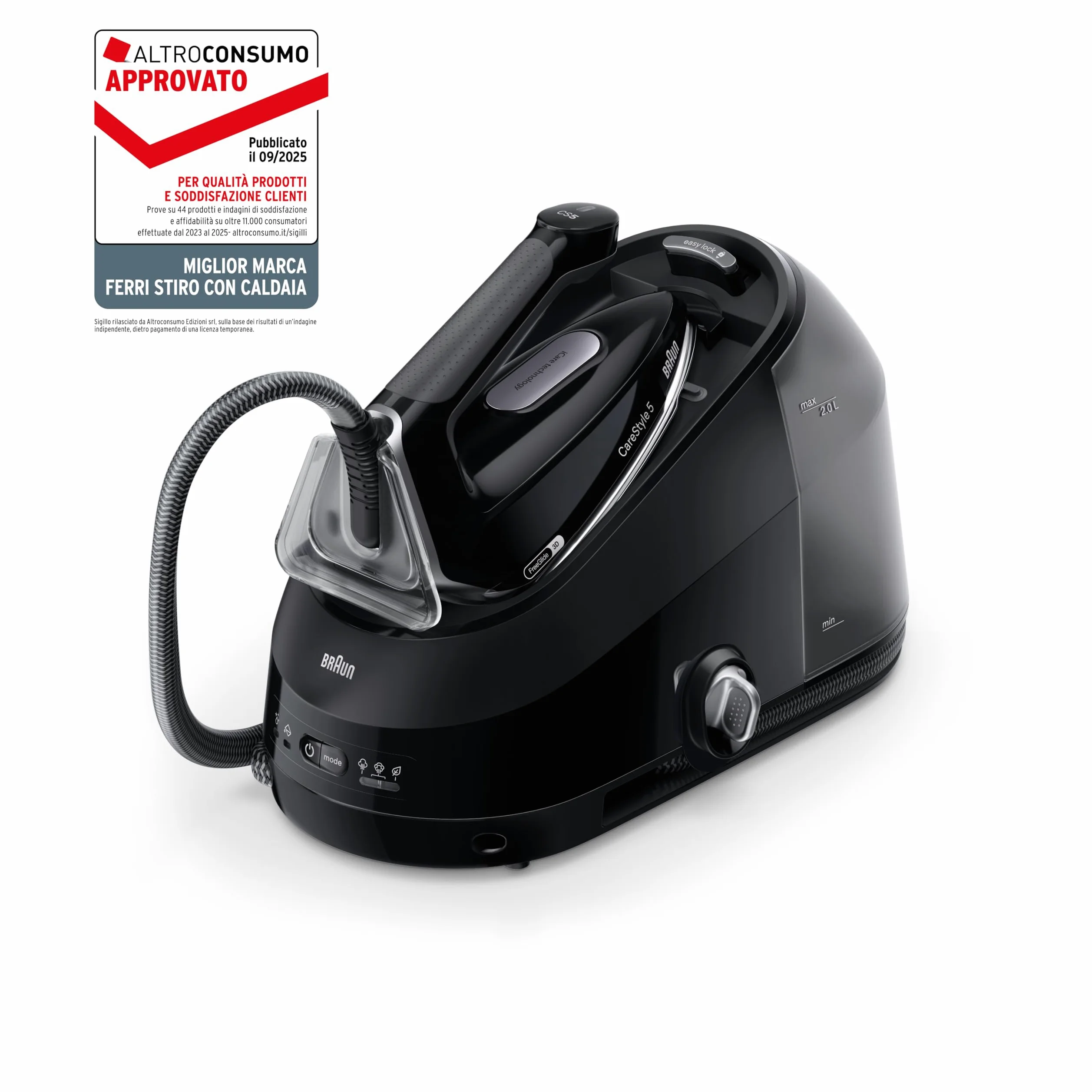 Braun CareStyle 5 IS5249BK, Sistema Stirante con Tecnologia FreeGlide 3D, 150 g/min di Vapore, Riscaldamento Veloce, Modalità iCare, Stiratura Verticale, Serbatoio 2L Rimovibile, 2400W, Nero