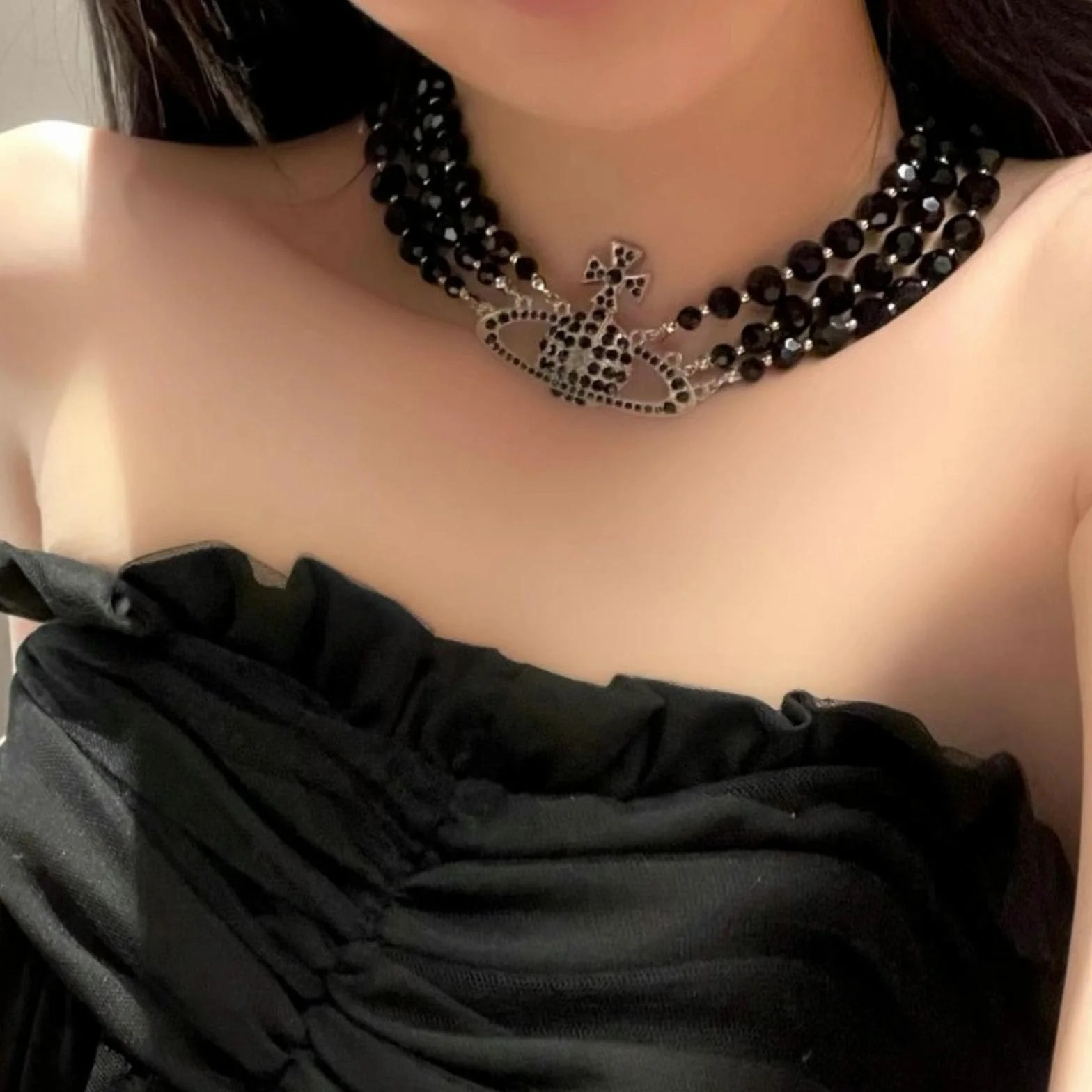 Collana di perle nere di Saturno temperamento, collana di perline nere con personalità creativa - Collana di perline nere