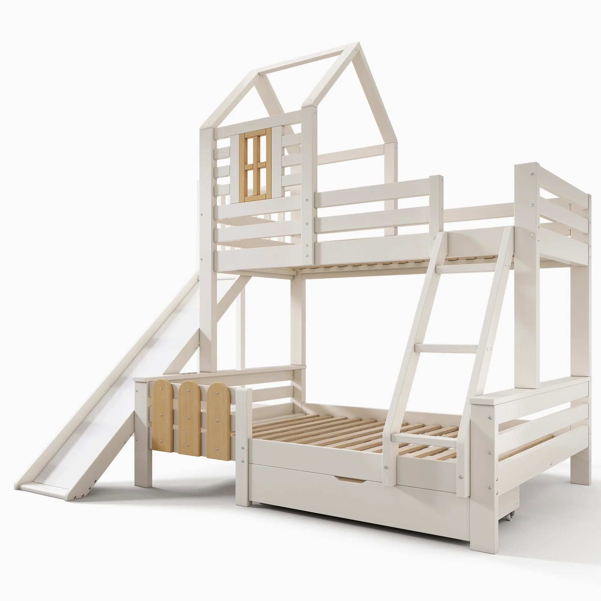 Letto a Castello 90x200 e 140x200cm con Rete a doghe, Letto Matrimoniale con Cassetto, Scivolo e Scaletta, letto a Soppalco per Bambini, a Forma di Casa, Struttura in Legno Massiccio(senza materasso)