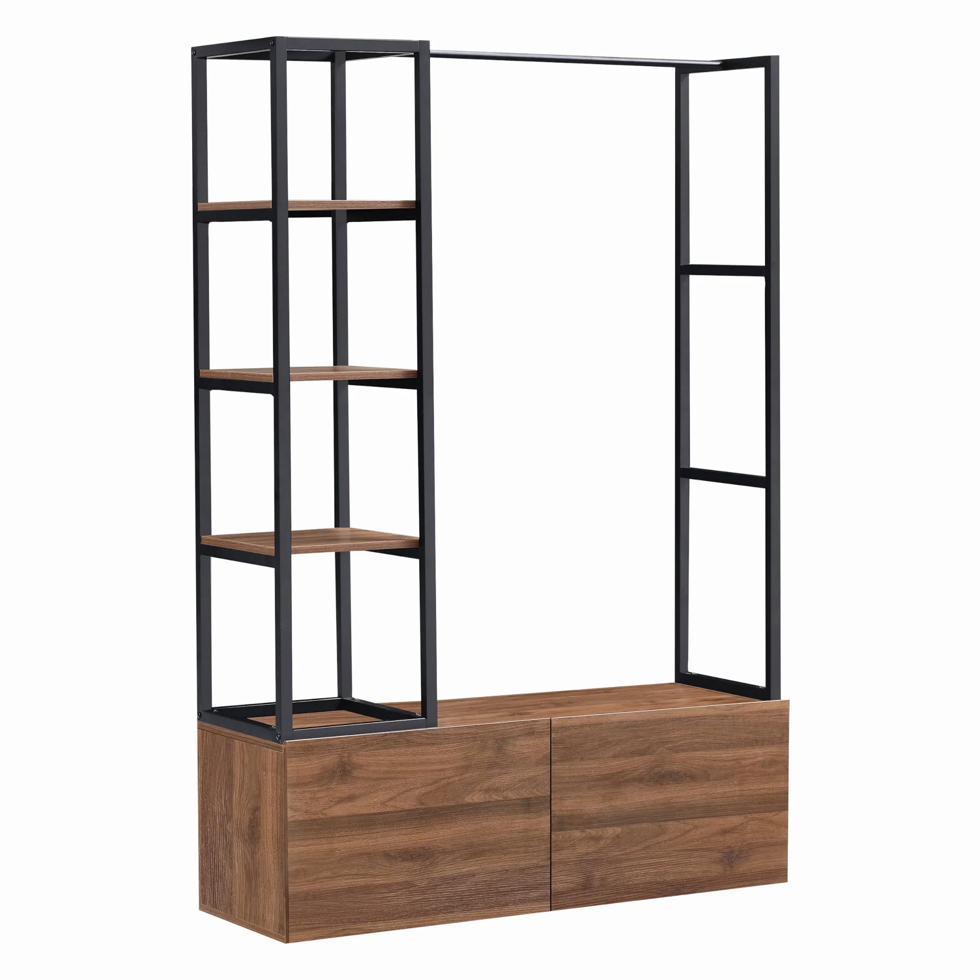 [en.casa] Armadio Aperto per Guardaroba Porta Abiti da Camera Appendiabiti da Terra 180 x 120 x 40 cm Mobile Organizzatore con Cassetti Ripiani e Asta Barra - Color Noce/Nero