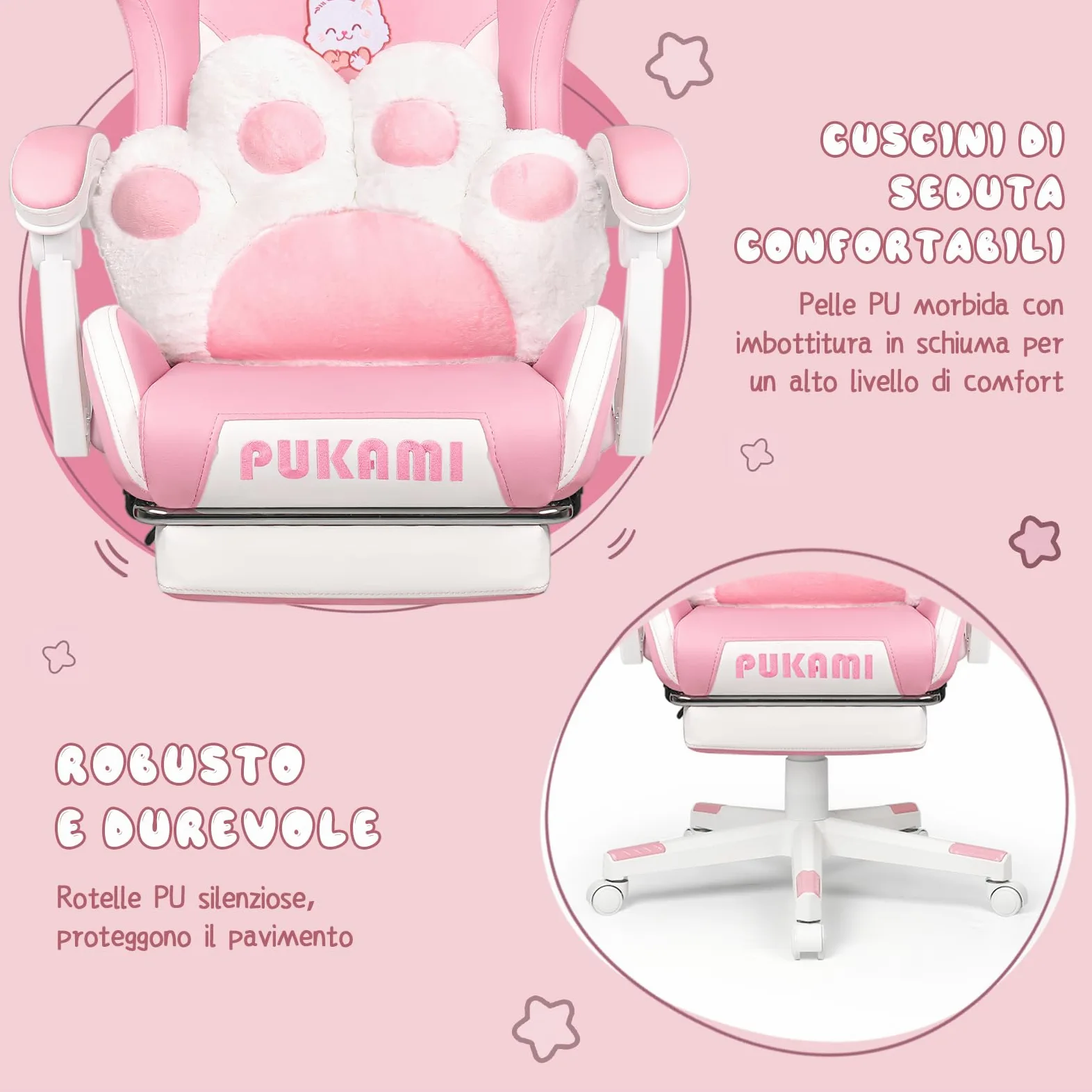Waleaf Sedia Gaming Rosa, Sedia da Gaming Ergonomica con Regolabile Poggiapiedi, Poggiatesta, Supporto Lombare, Poltrona per Computer con Orecchie da Gatto, Altezza Regolabile