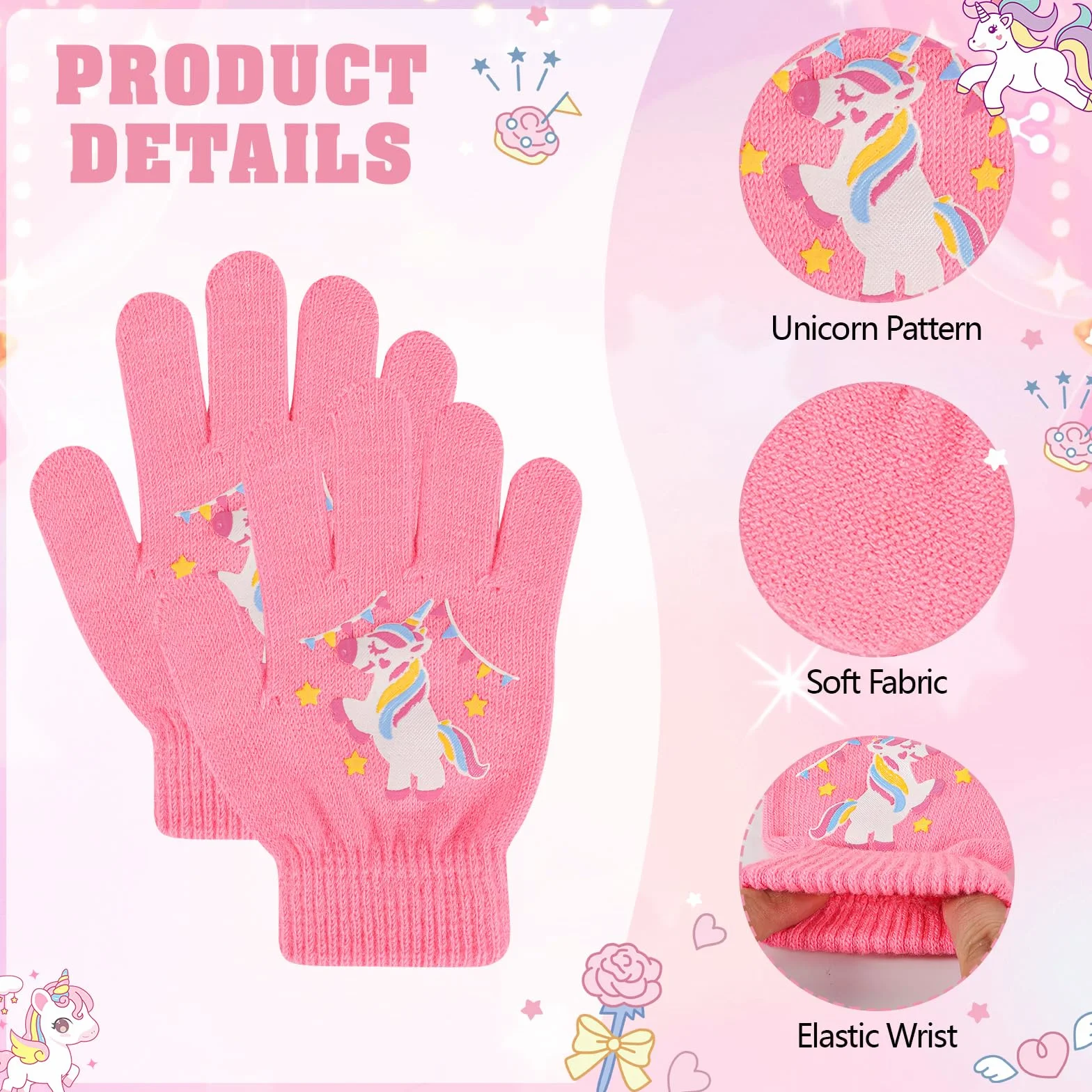 Guanti Invernali Termici Unicorno per Bambini Muffole Magiche a Dita Intere Elastici 4-12 Anni