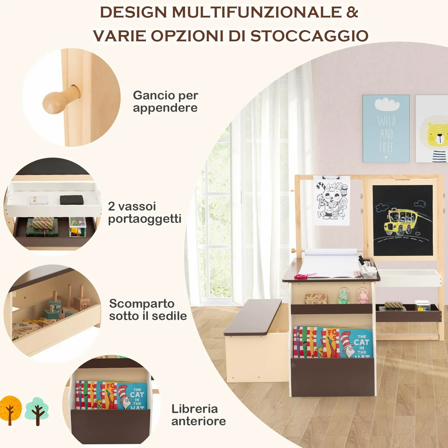 COSTWAY Set 3 in 1 Tavolo e Sedie per Bambini 3+ Anni, Tavolo in Legno Sicuro con Lavagna Cancellabile, Magnetica, Cavalletto Regolabile, Libreria e Accessori Artistici, per Disegno (Caffè)