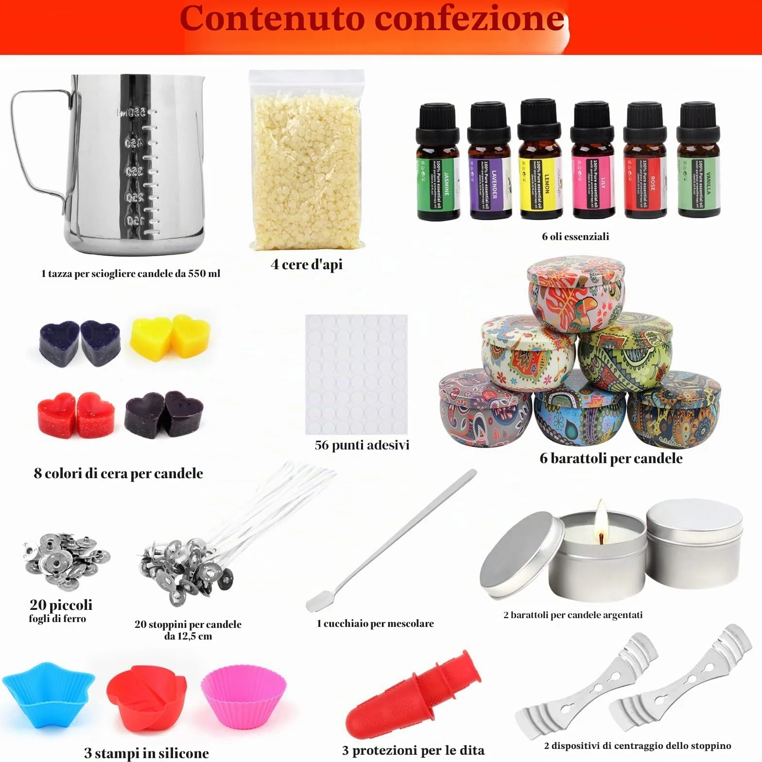 Set candele fai da te, kit per candele profumate con cera d'api, 8 barattoli, 6 oli, 8 coloranti, 500 ml
