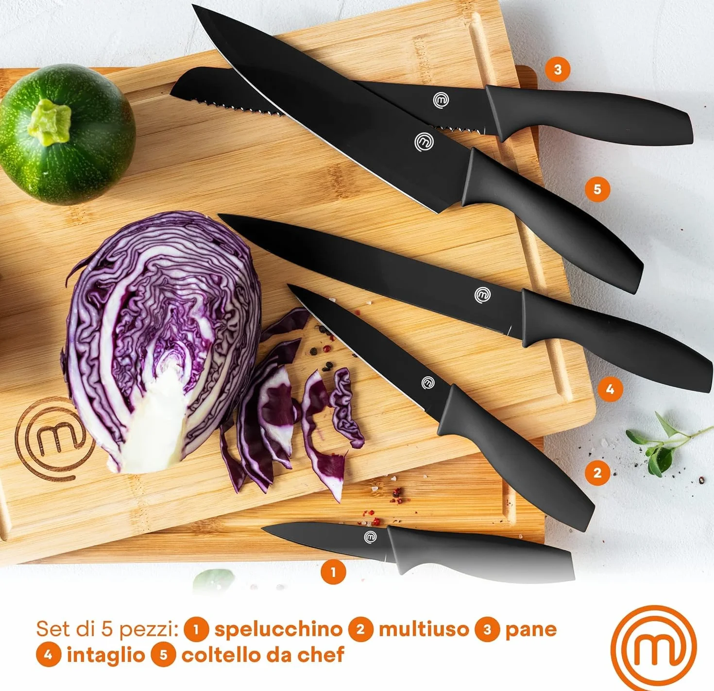 MasterChef Coltelli da Cucina 5 Pezzi Acciaio Inox Nero Lavabile in Lavastoviglie