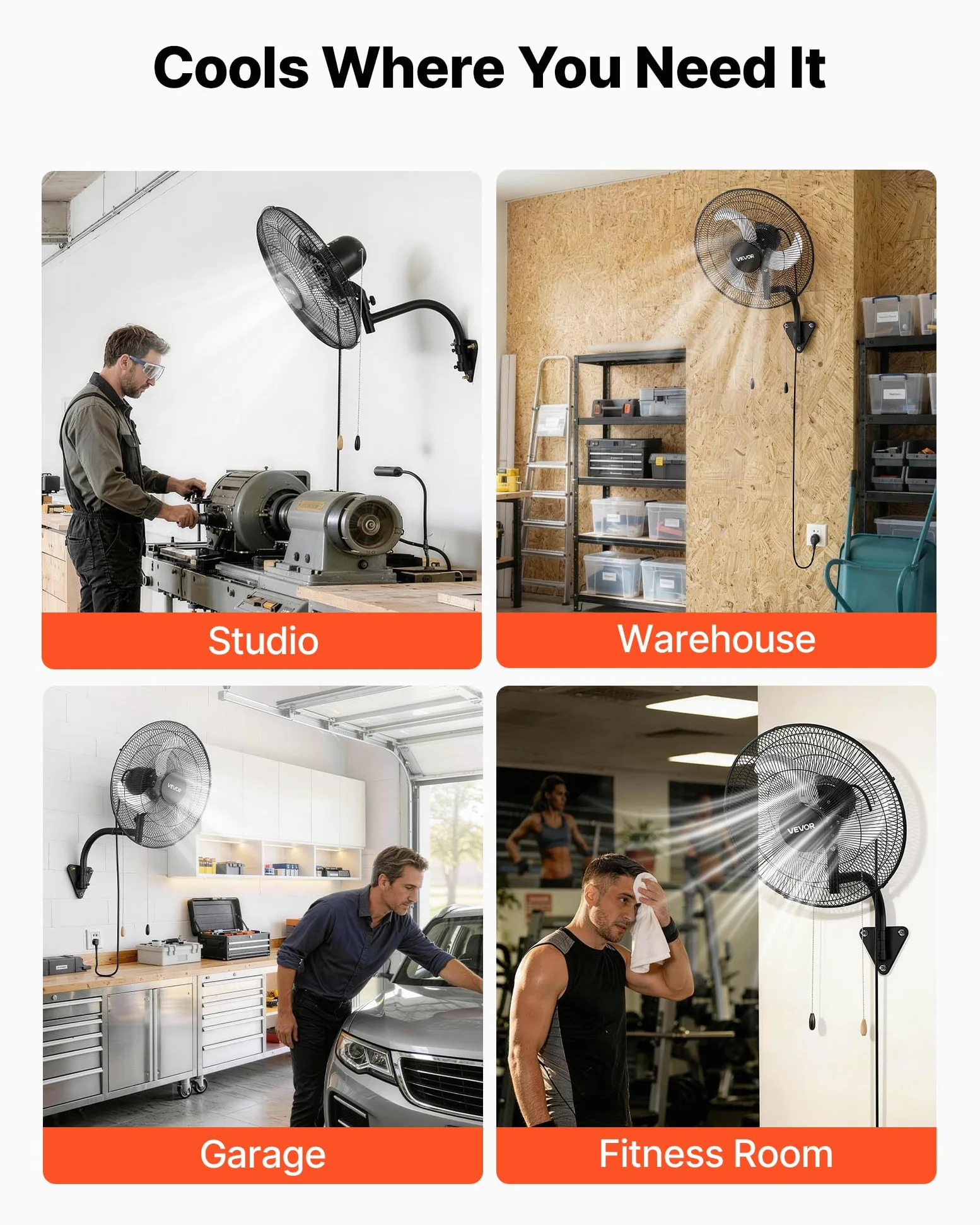 VEVOR Ventilatore da Parete Industriale, 457 mm, Ventilatore Oscillante a Muro, 3 Velocità, Flusso d'Aria Potente, Angolo Regolabile, Adatto per Officine, Garage, Palestre e Ambienti Commerciali
