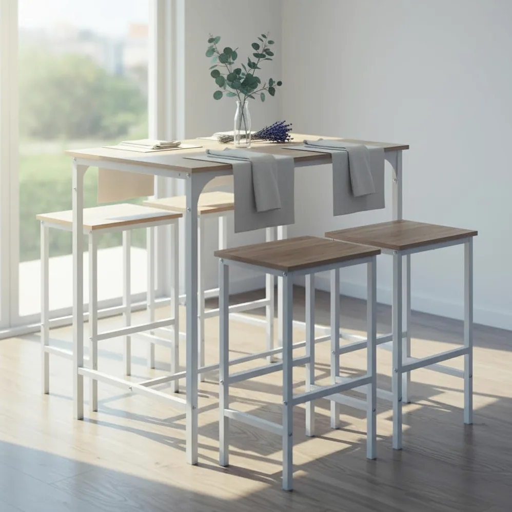 buybyroom Tavolo da bar con sgabello da bar – Set da pranzo con 4 sedie effetto rovere con venature, 100 x 60 x 90 cm