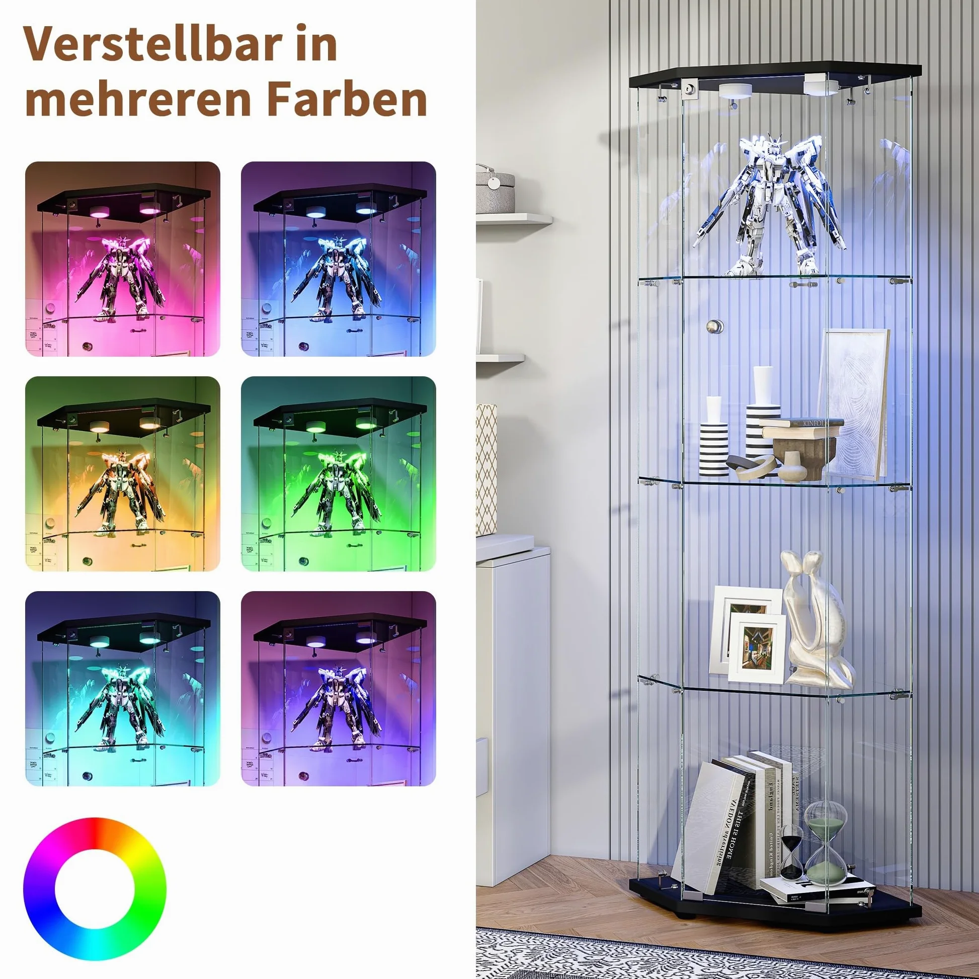 Vetrina Angolare in Vetro con illuminazione a LED, Espositiva Vetrina a 4 Strati da Collezione con Serratura, per Oggetti da Collezione, Libri, 4 Ripiani 1 Ante, Nero A