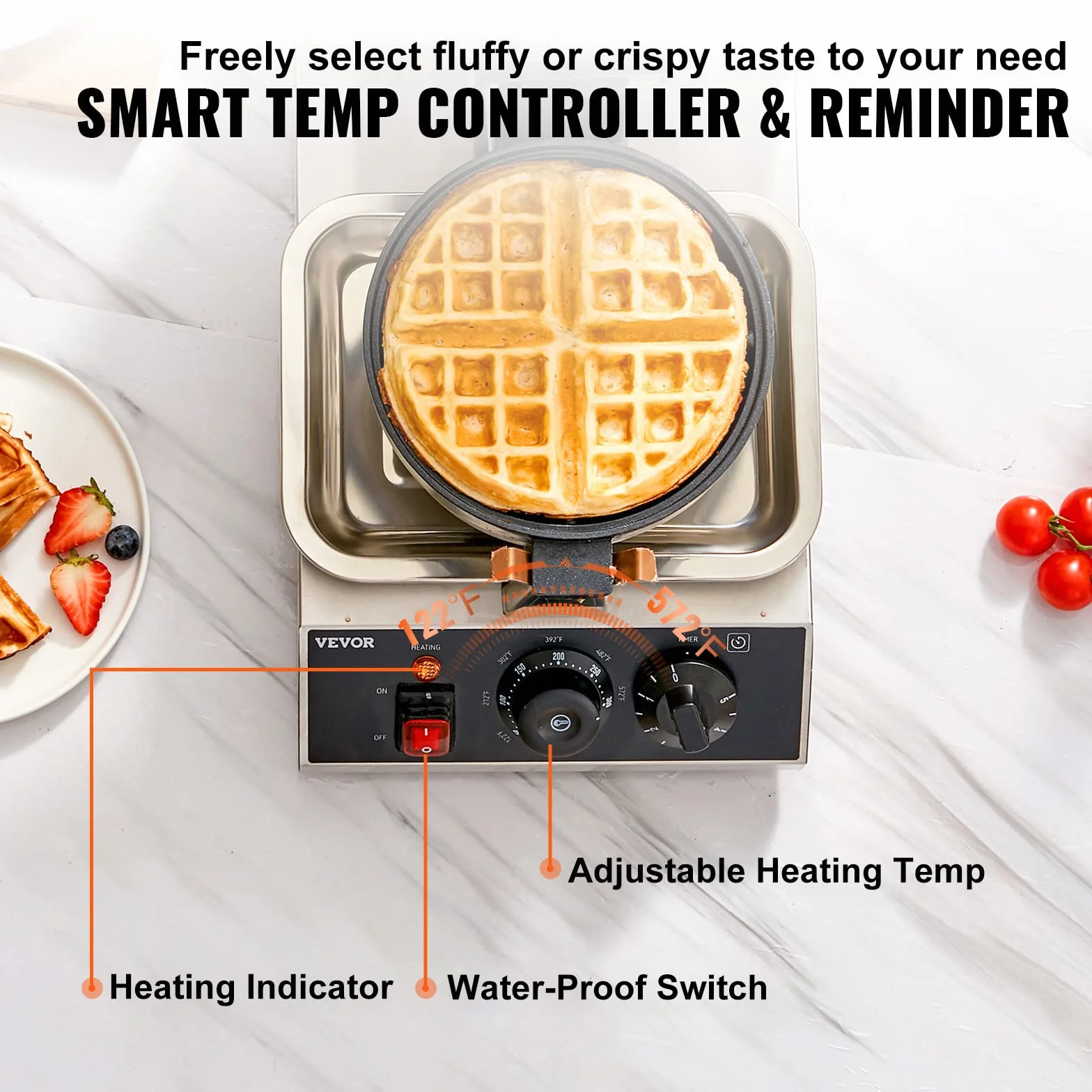 VEVOR Macchina per Waffle Belga Rotondo in Acciaio Inox Antiaderente 1300W Temperatura Controllata 50℃-300℃, Macchina Waffle Piastra Doppia Antiaderente Teglia 190,5 mm con Manico Girevole in Acciaio