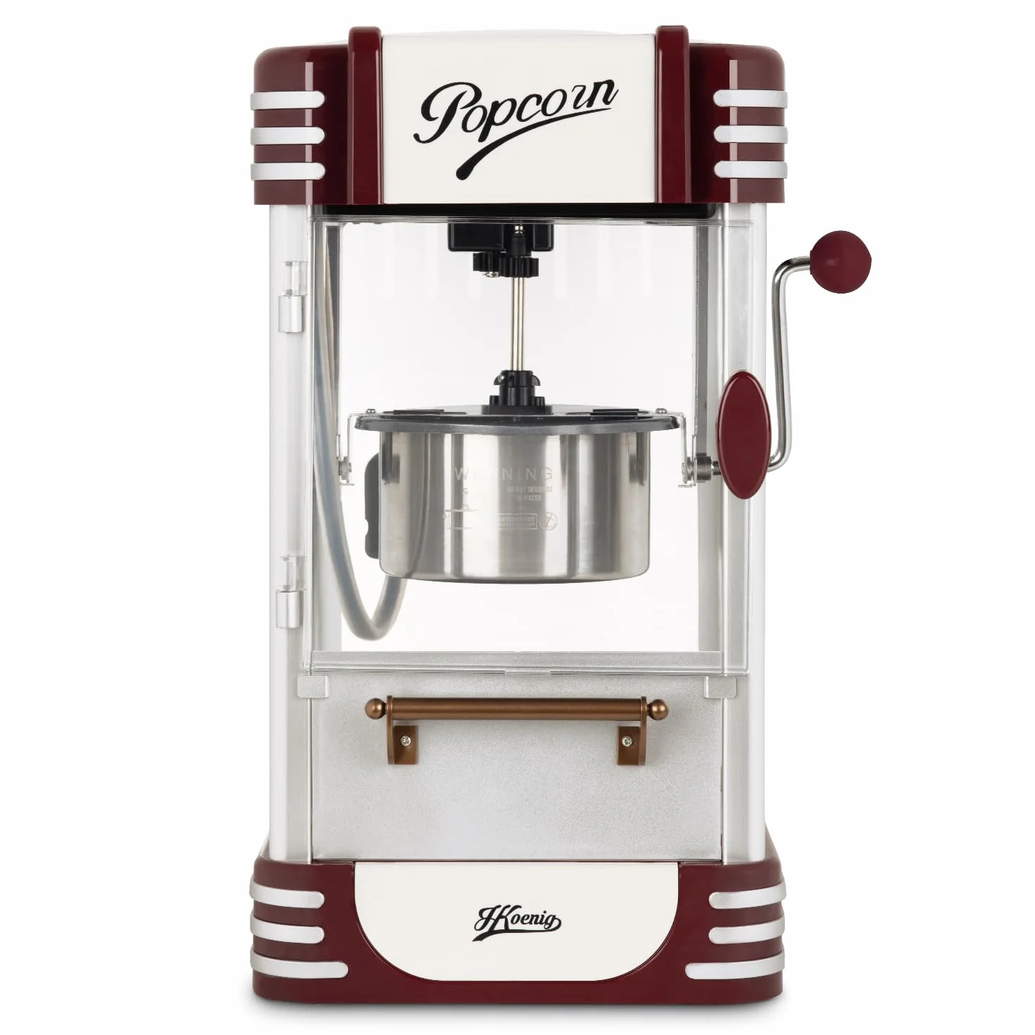 H.Koenig Macchina per Pop Corn POP330, Design Retrò, Recipiente in Acciaio Inox e Alluminio, Capacità 50 g, Porta Magnetica, Potenza 360 W
