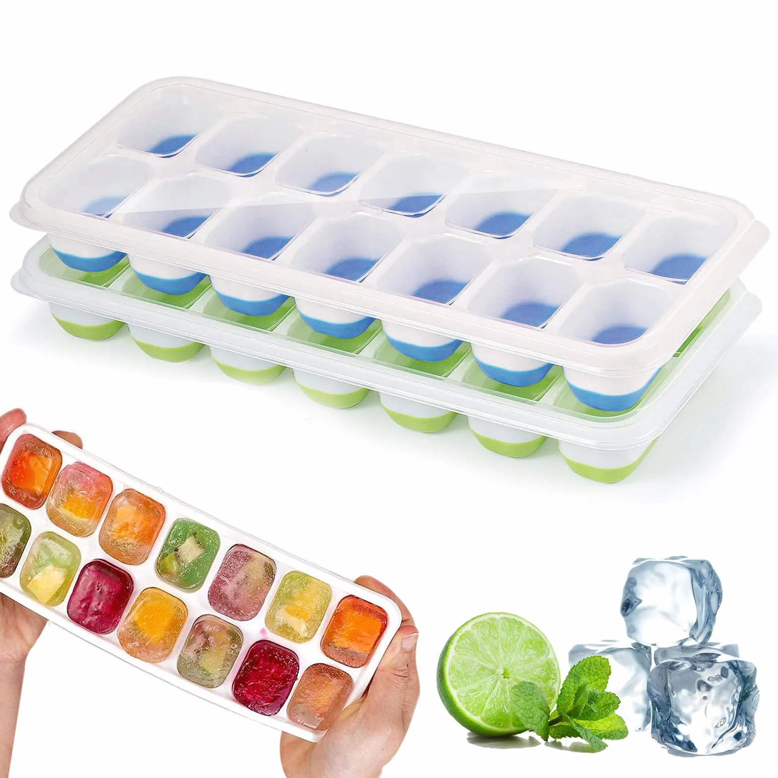 Stampo Per Ghiaccio In Silicone Con Coperchio 2 Pezzi, Vassoi Cubetti Ghiaccio Quadrati Senza BPA