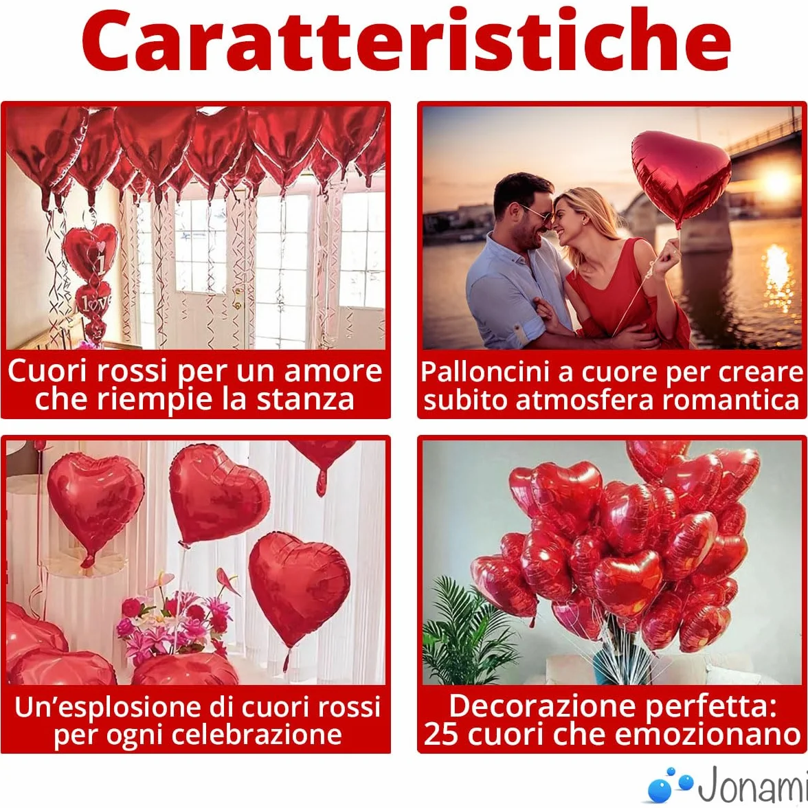 25 Palloncini a Forma di Cuore Rossi ad Elio o Aria per Decorazione Romantica, San Valentino, Anniversario Matrimonio e Fidanzamento