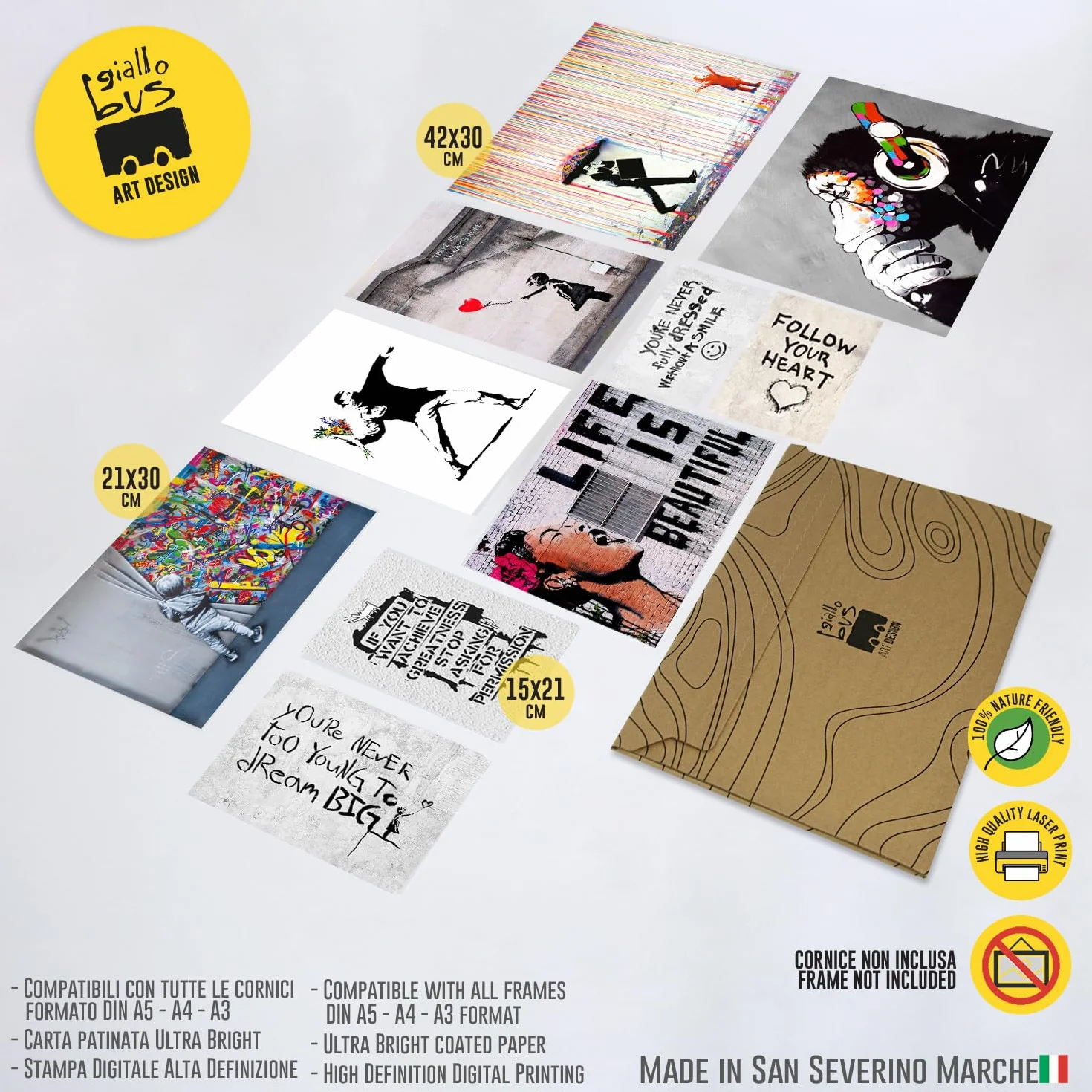 Giallobus - Set 10 poster da parete - Banksy - Raccolta Banksy 1 - Carta Patinata - | 2 x A3 42x30cm | 4 x A4 30x21cm | 4 x A5 21x15cm | - SENZA CORNICI - Stampe moderne soggiorno