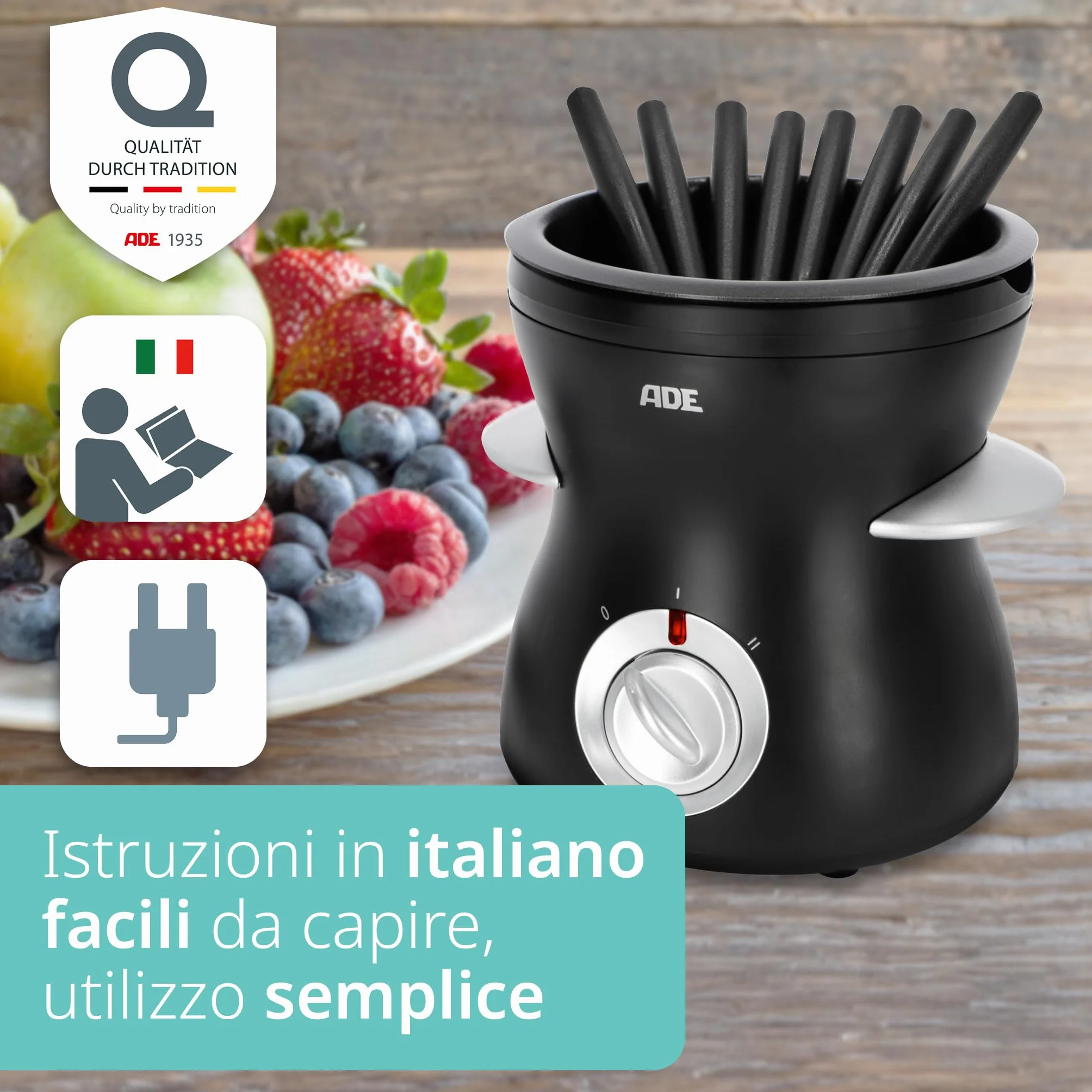 ADE Set per fonduta di cioccolato elettrico 500ml con 8 forchette 2 temperature ciotola rimovibile rivestita in teflon