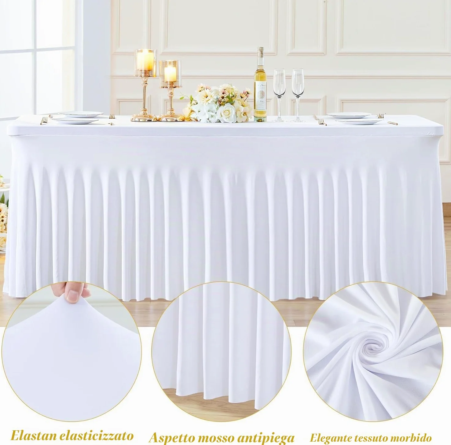 4 Pack Spandex Tovaglia con Gonna Bianco per 1.8m Tavoli Rettangolo Bianco Tovaglie Stretch Coperture Da Tavolo Banchetto Abiti Da Tavolo Rughe Gonna Da Tavolo Gratuita per Feste Matrimonio