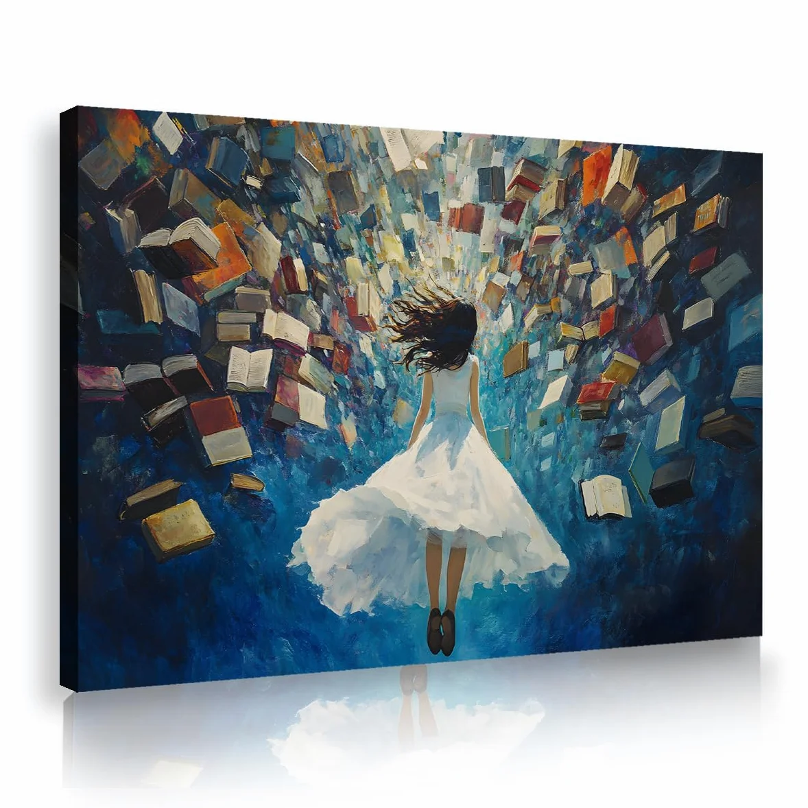 OSHIONARTE Libri fluttuanti in tela Illustrazioni murali Signora in abito bianco stampa ispiratrice di decorazioni murali per adolescenti soggiorno 80x120cm Telaio interno
