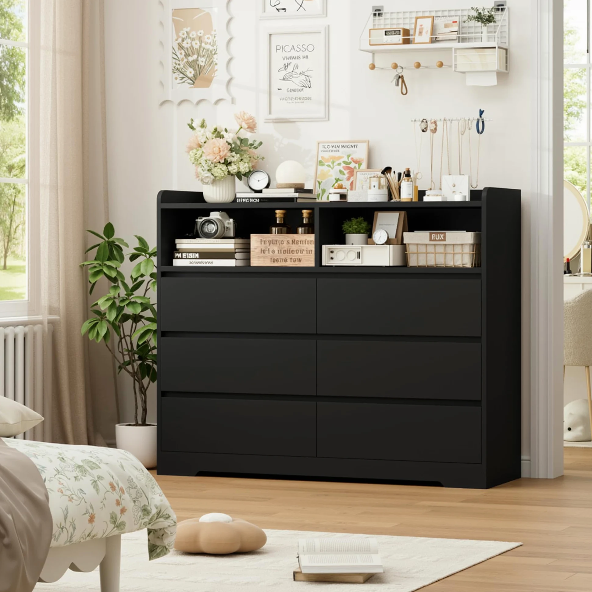 FOREHILL Cassettiera Camera da letto, Cassettiera con 6 Cassetti, Comò con 2 Scomparti Aperti Moderno, per Camera da Letto, Corridoio, Soggiorno, Ufficio, 120x40x100cm (Nero)