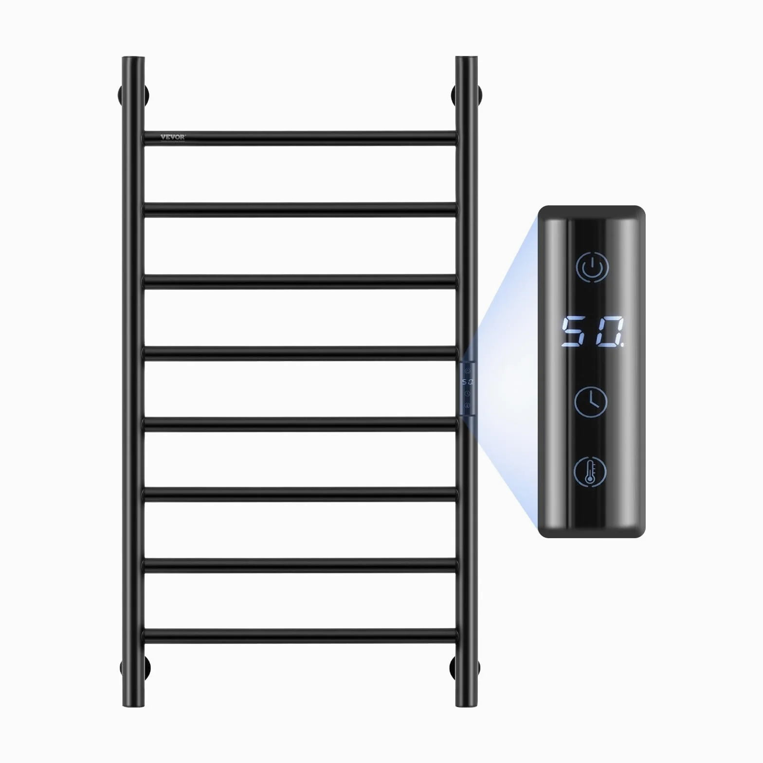 VEVOR Scaldasalviette Termoarredo, Portasciugamani Riscaldato con 8 Barre, Scaldasalviette Impermeabile con Timer e Display LED, 5 Livelli di Temperatura Regolabili, Montaggio a Parete, Nero