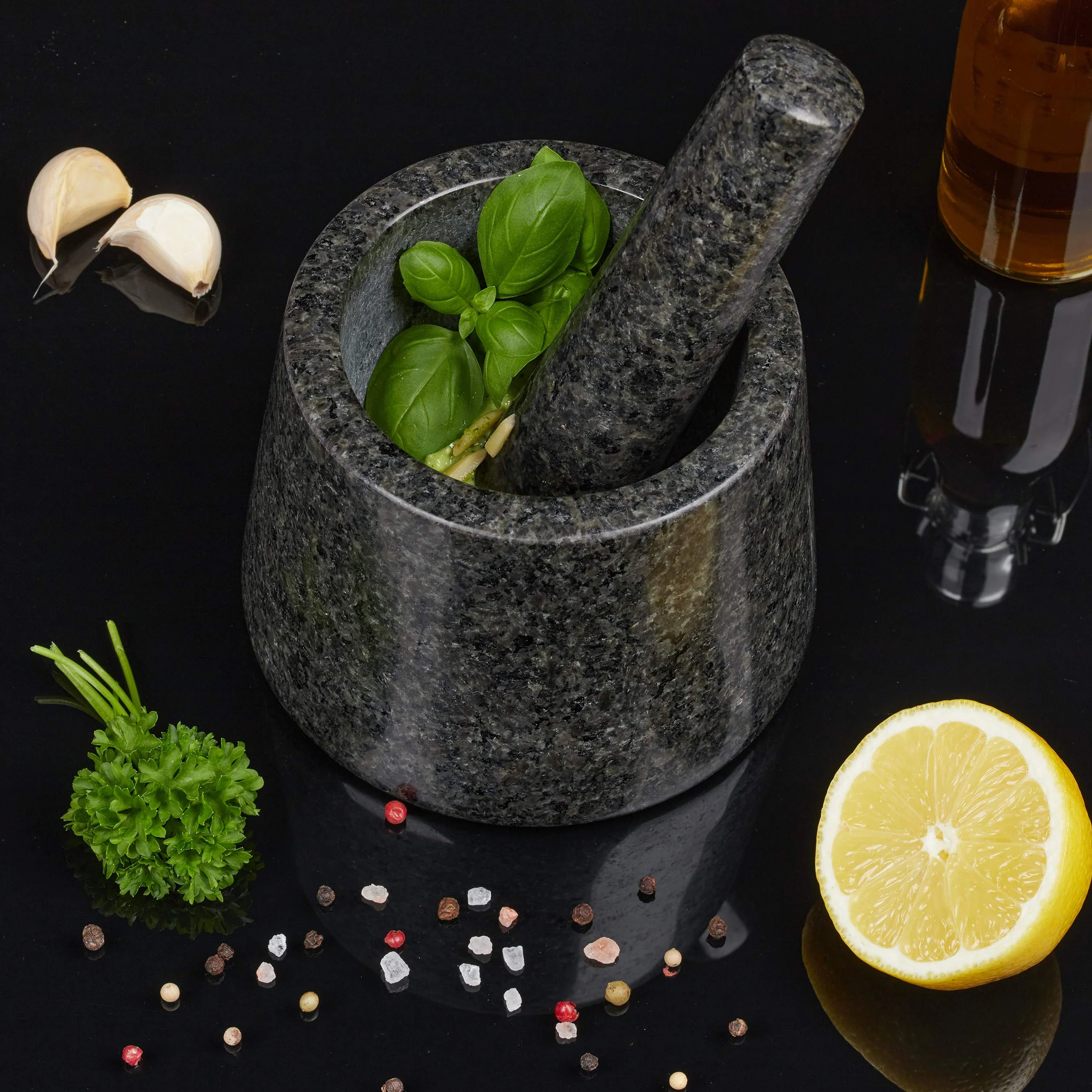 Relaxdays Mortaio e Pestello, in Granito, Robusto, Erbe Aromatiche e Spezie, in Pietra Lucida, D: 13,5 cm, Grigio Scuro