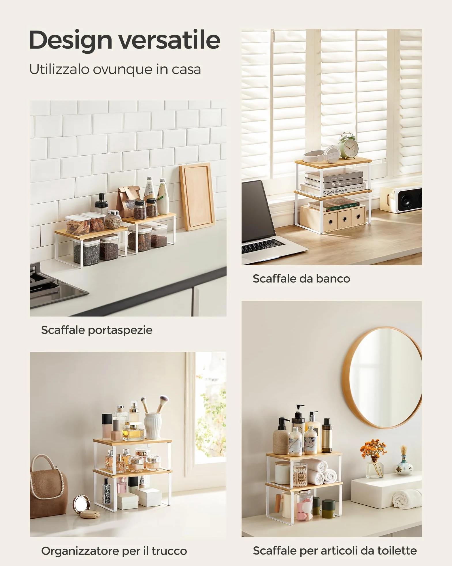SONGMICS Scaffale Portaspezie, Set di 2 Organizzatori da Cucina Espandibili, Impilabile, Metallo e Legno, Bianco e Beige KCS02NW