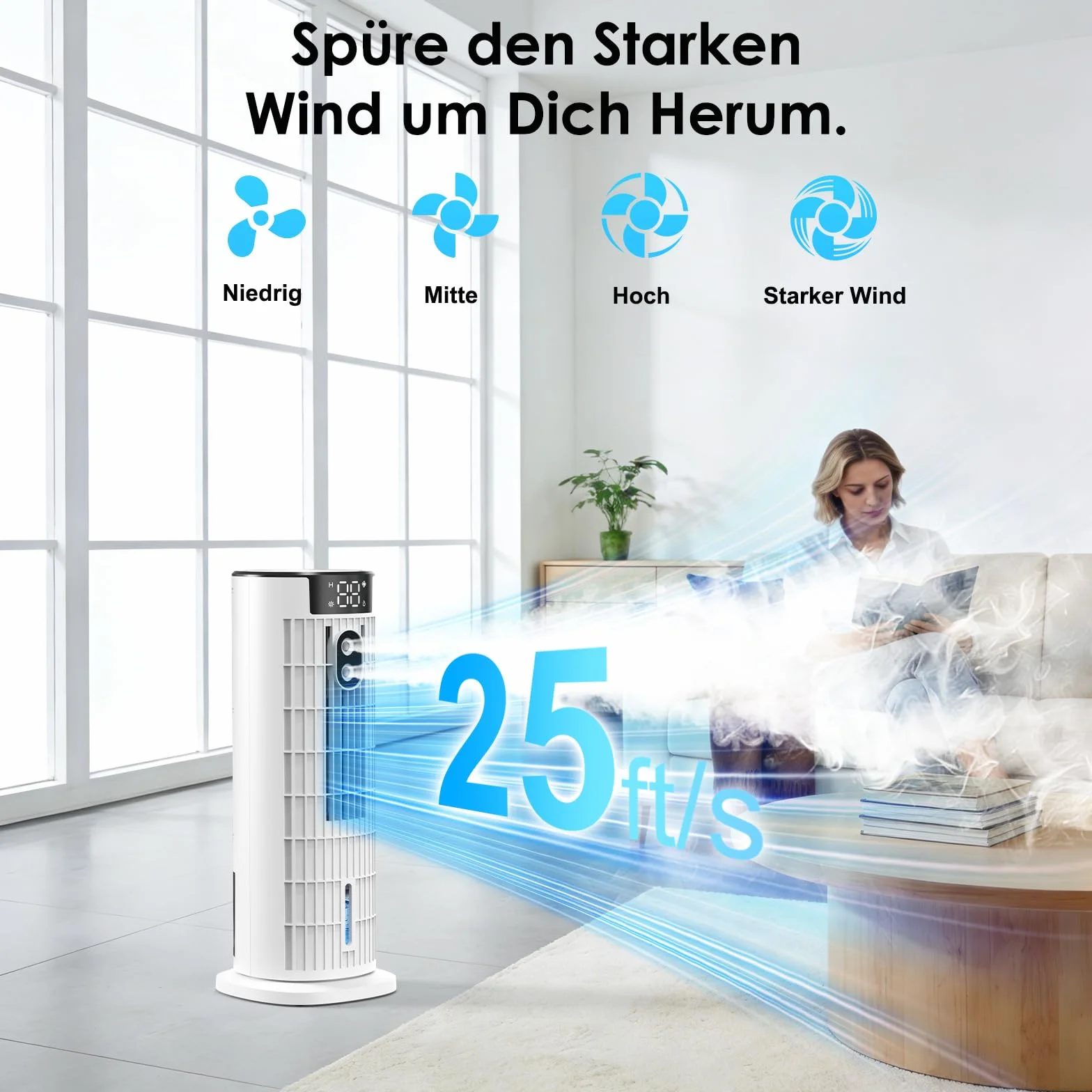 Condizionatore Portatile | Controllo doppio telecomando e touch | 3 in 1 raffreddamento con umidificazione | Serbatoio da 800ml | Vento forte fino a 7,5 m/s | Silenzioso ed efficiente
