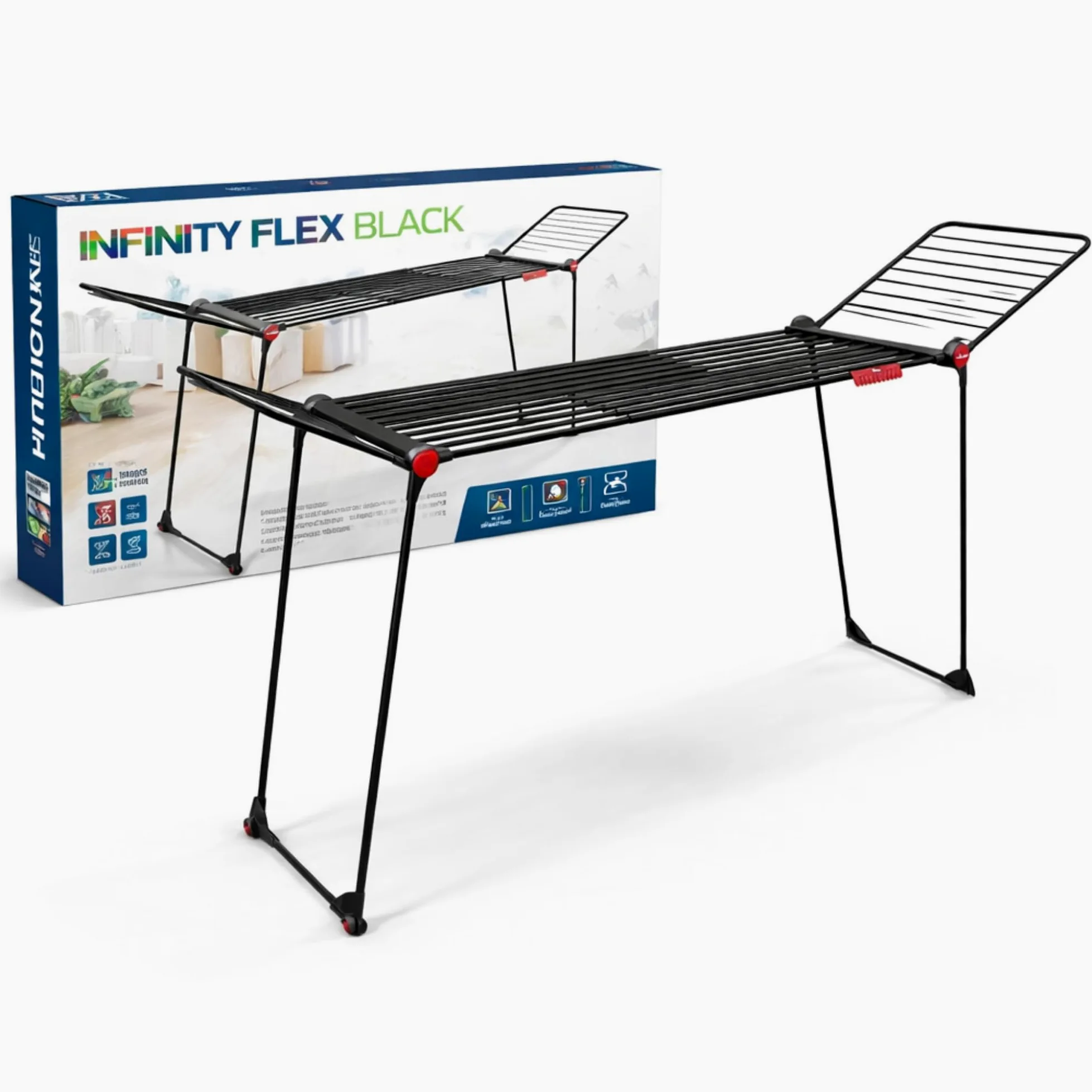 Stendino Pieghevole Infinity Flex Ultimate BLACK - Estensibile 2 metri con Ruote - 30 METRI di STENDITURA - Ali Alte per Lenzuola e Pantaloni - Stendibiancheria con Struttura in Acciaio e Alluminio