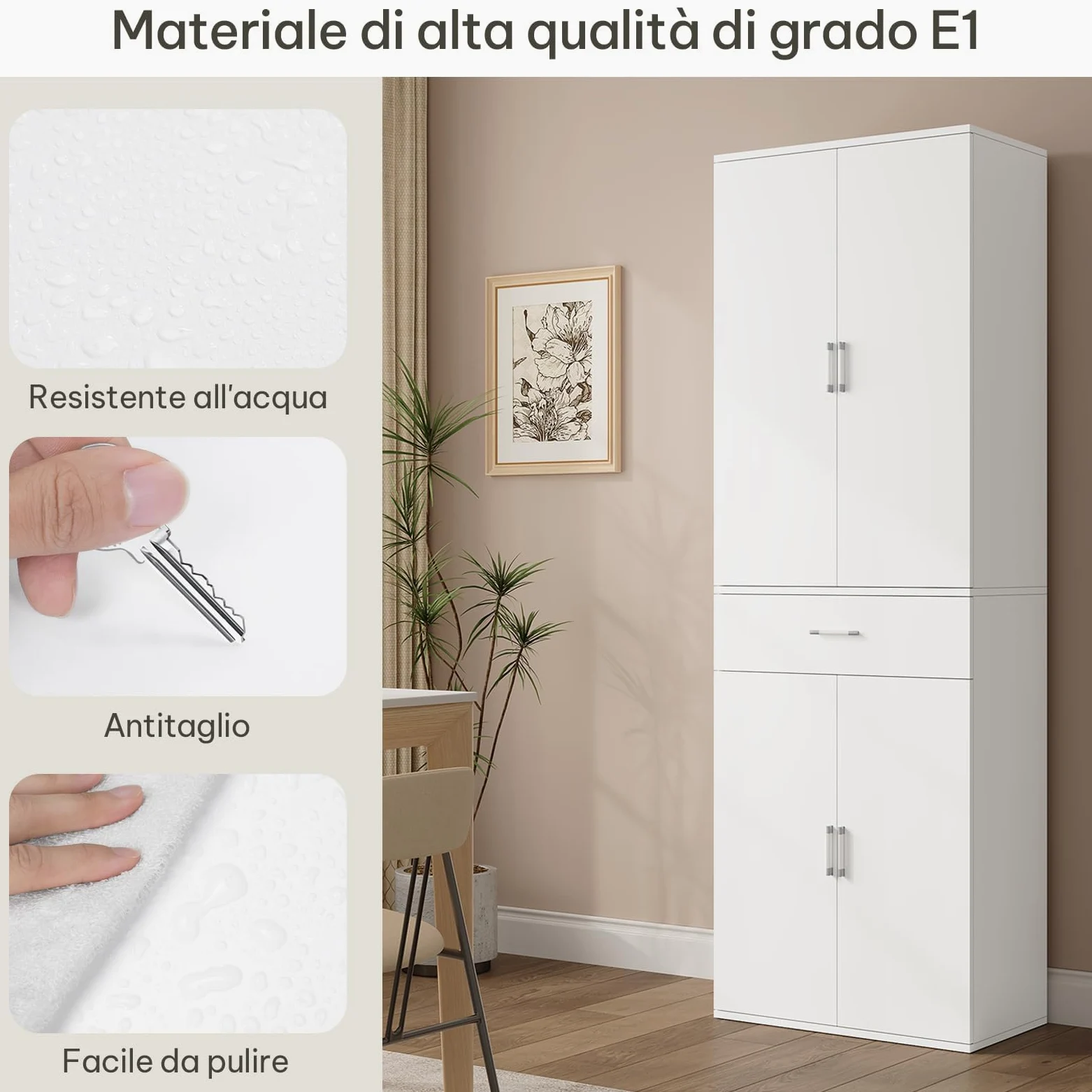 eSituro Armadio per Ufficio, Armadio per Archiviazione, 3 Ripiani Regolabili, 1 Cassetto, Legno Ingegnerizzato, 60x34x180 cm, Bianco