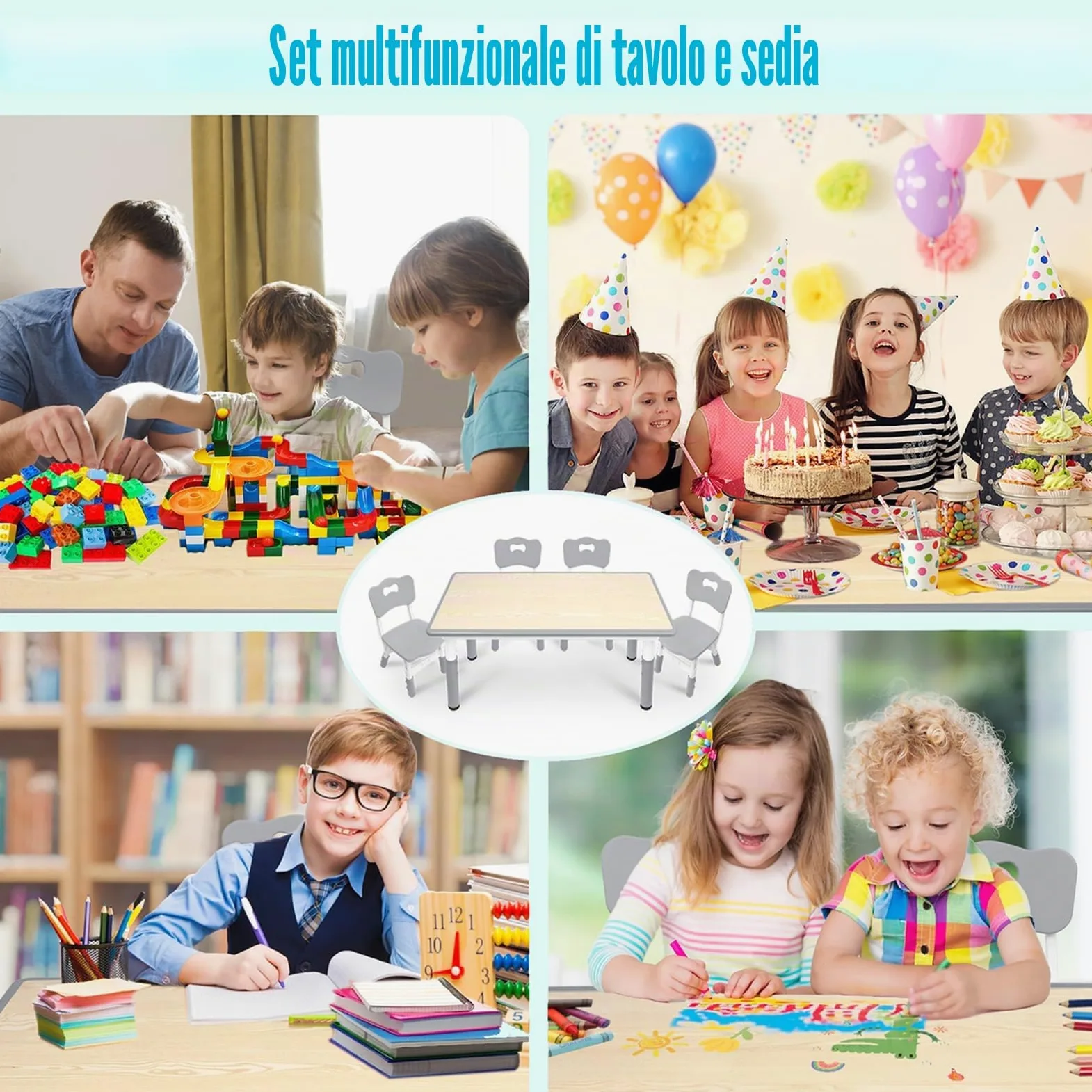 ACXIN Tavolo per bambini con 4 sedie, in plastica, per bambini, regolabile in altezza, per cameretta dei bambini, colore grigio