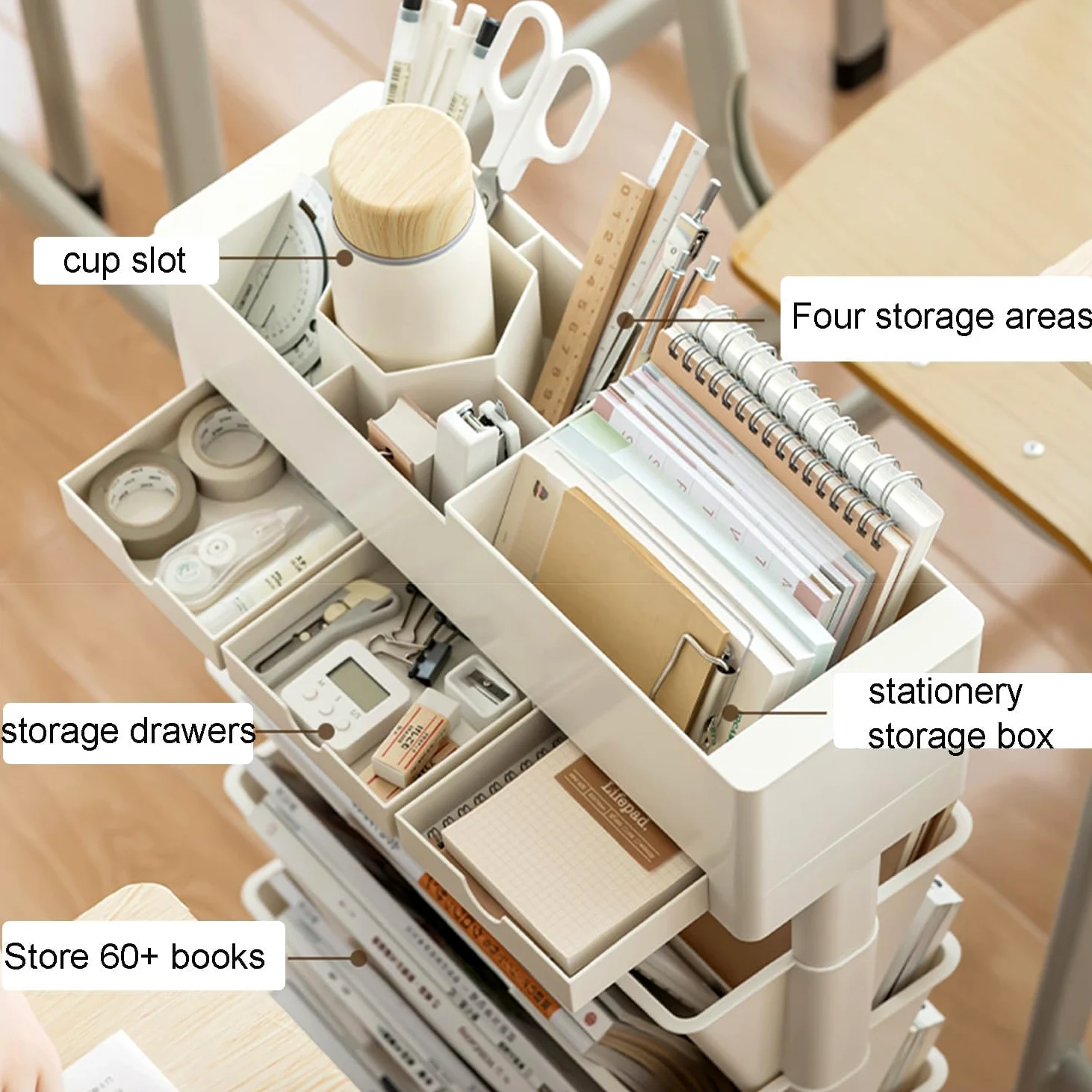 Scaffale Mobile a 6 Livelli con 3 Cassetti, Carrello Portadocumenti per Biblioteca, Scaffale Mobile per Libri sulla Scrivania Dell'aula, Classificatore da Ufficio con Rotelle Bloccabili