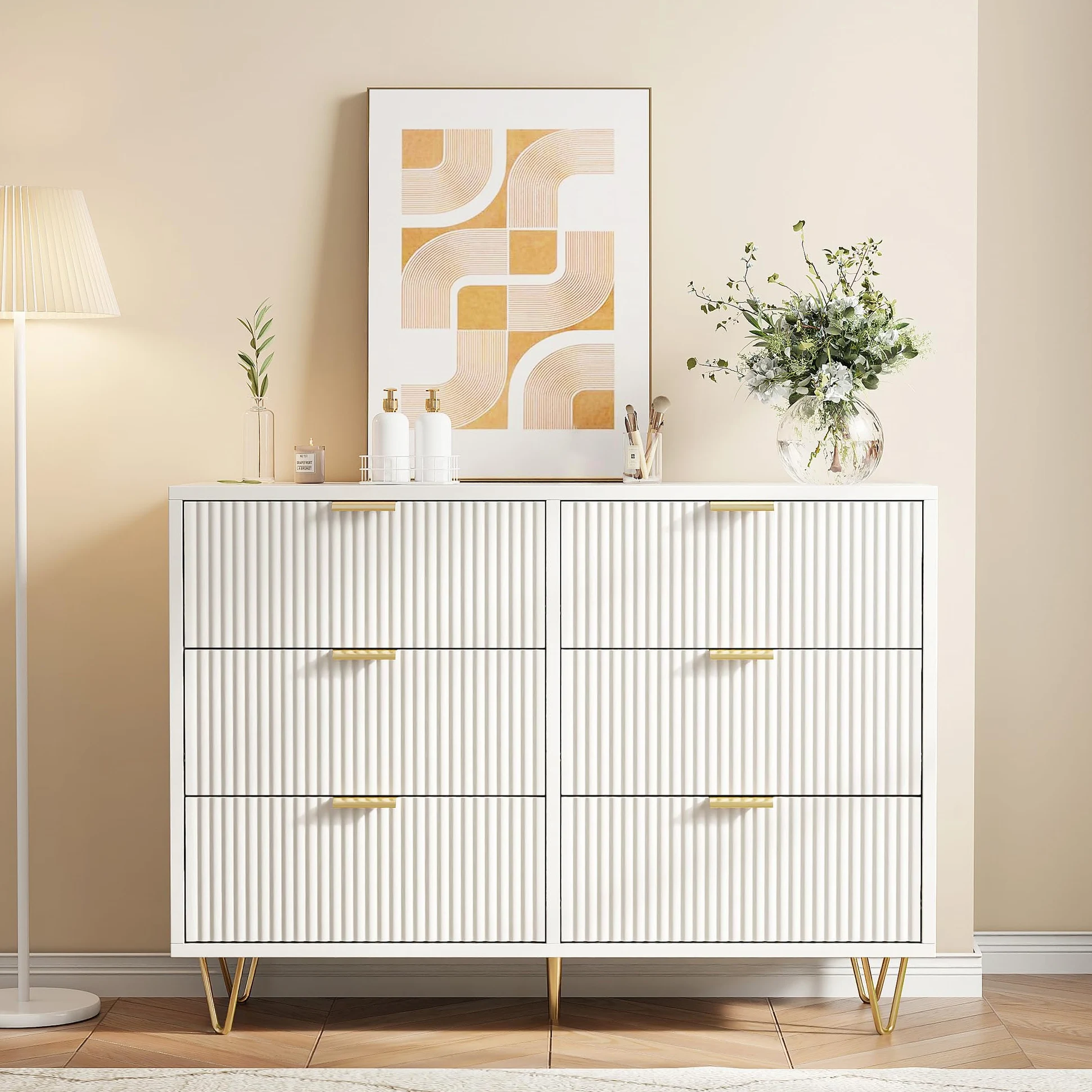 Cassettiera bianca, cassettiera moderna, 6 cassetti, in legno con manici dorati, cassettiera per camera da letto, piccola scanalata (6 cassetti)