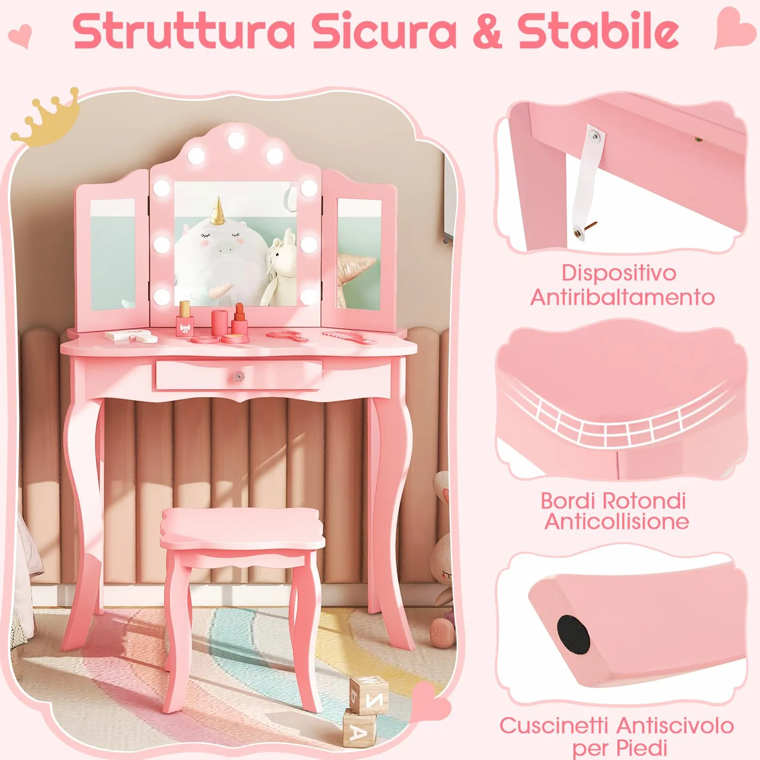 COSTWAY Toeletta Trucco 2 in 1 per Bambina, Specchiera Staccabile per Ragazza in Legno con Sgabello, Cassetto, Ripiani e Giocattoli, Postazione Trucco per 3 Anni, 70 x 34 x 103 cm (Rosa)