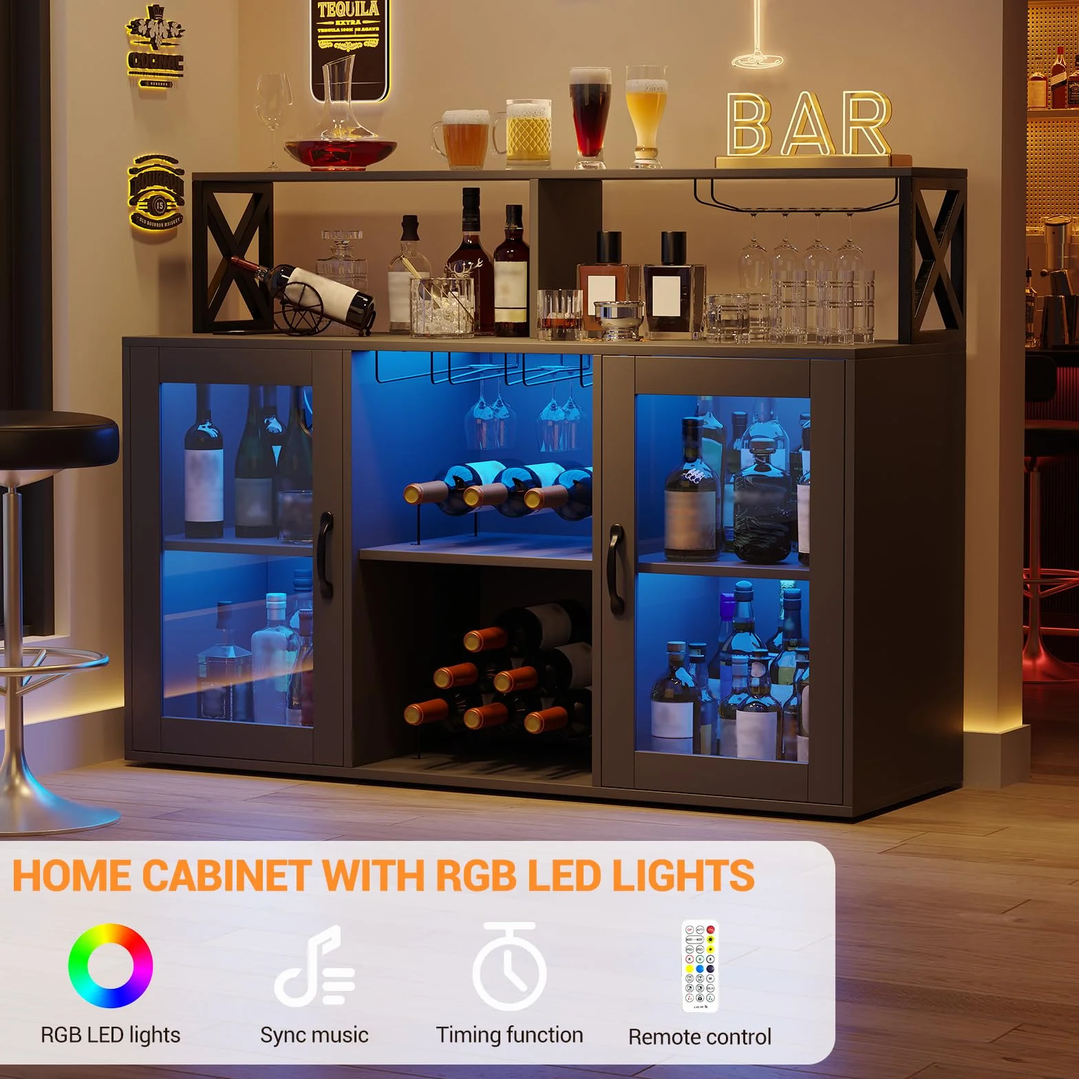 Garvee Mobile Bar Industriale 2-in-1 con Luci LED e Prese, Buffet con Portabottiglie, Portabicchieri, Ripiani Aperti, per Cucina, Sala da Pranzo, Soggiorno, Nero