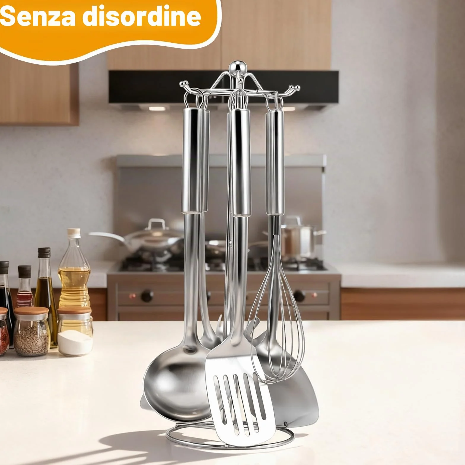 Set 7 utensili cucina acciaio inox con manico appendibile lavabile in lavastoviglie