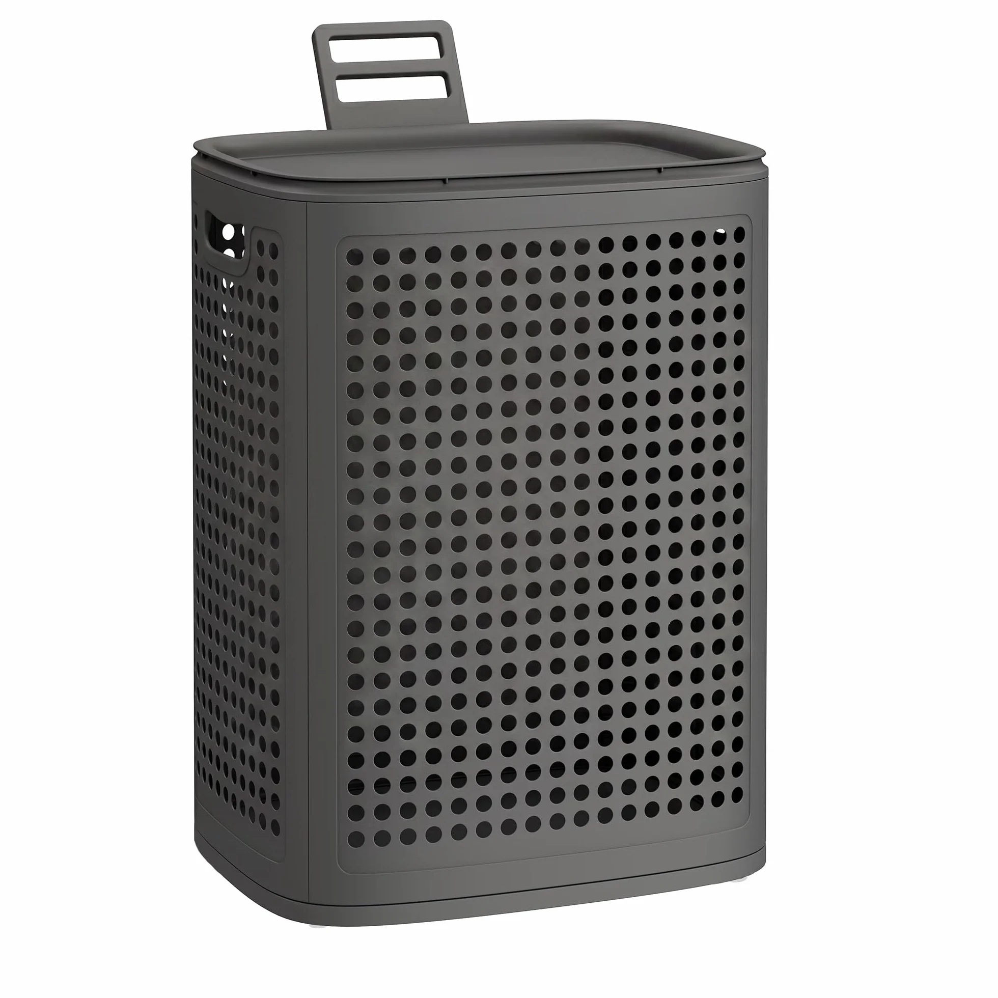 SONGMICS Cesto Portabiancheria con Coperchio, Cesta Portabiancheria Sporca in Plastica, 75 L, Porta Biancheria Slim, Bagno Lavanderia Camera da Letto, Grigio Scuro RLH021G101