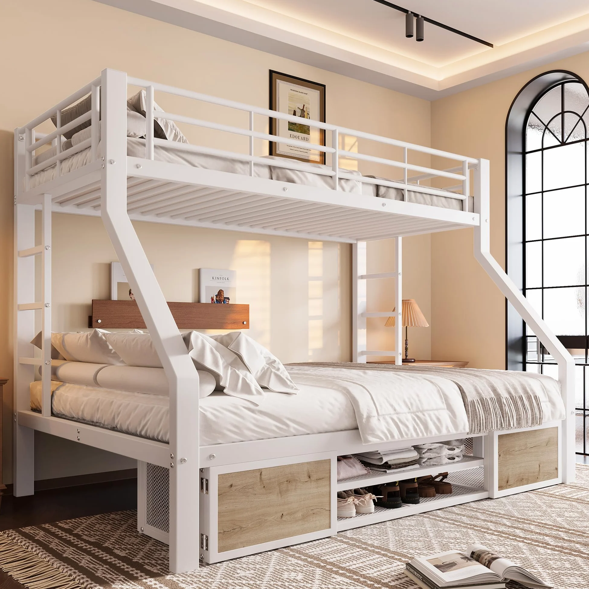 Soweiz Letto a castello 90 x 200 cm, 140 x 200 cm, culla con scarpiera, portaoggetti, ringhiere di sicurezza, scaletta, senza materasso (bianco)