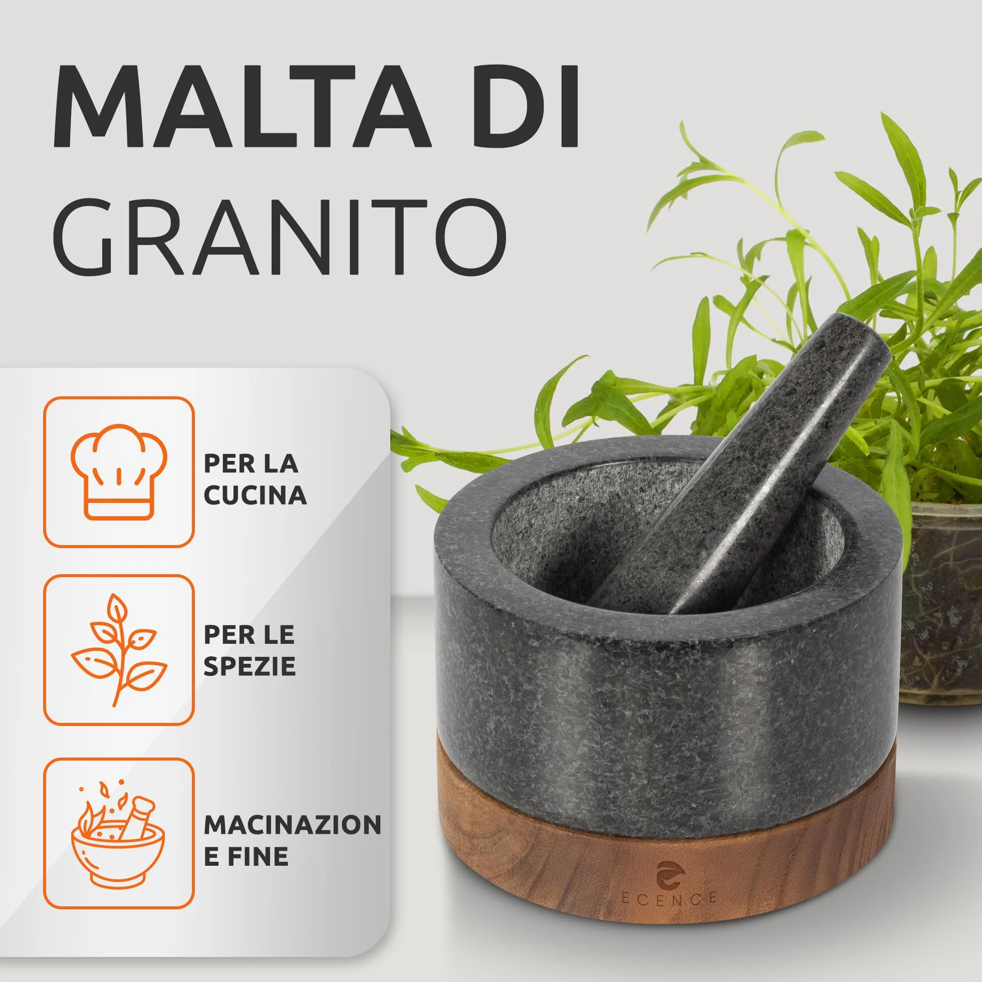 ECENCE Mortaio con Pestello in granito Ø15,5cm base in legno acacia per erbe e spezie