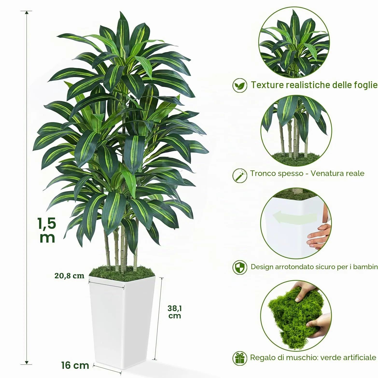 Pianta Finta Dracaena Artificiale 150cm alta con Vaso Bianco, Piante Finte da Interno Grandi Ha 108 foglie, Albero Artificiale Interni Per Soggiorno Ufficio Giardino Dec