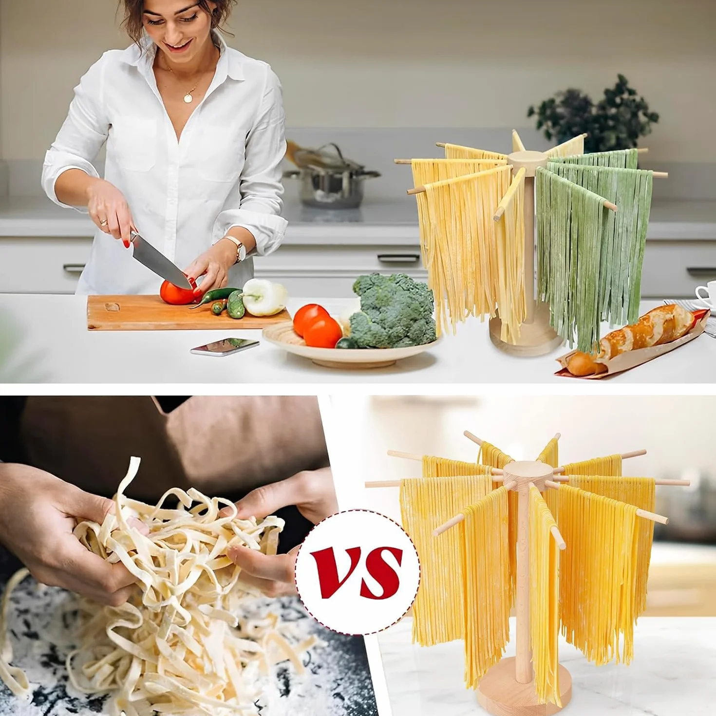 Essiccatore per Pasta, Stendino per Pasta, Essiccatoio per Pasta Grande in Legno con 9 Bracci Rimovibili,con Base, Riutilizzabili, per Spaghetti, Altezza 45 cm