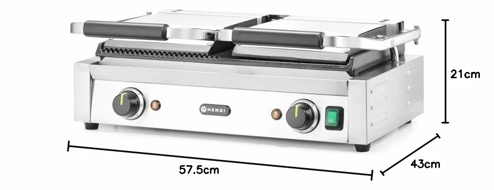 HENDI Piastra Elettrica a Contatto Doppia, Grill/Griglia Panini Professionale, Piastre Liscia e Rigata in Ghisa Smaltata, 230V, 3600W, 570x375x(H)216mm, Acciaio Inox