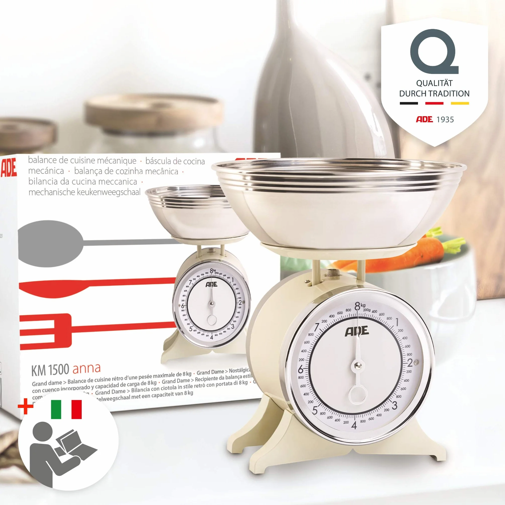 ADE Bilancia da cucina meccanica retrò 8 kg analogica con ciotola in acciaio inox bianco crema