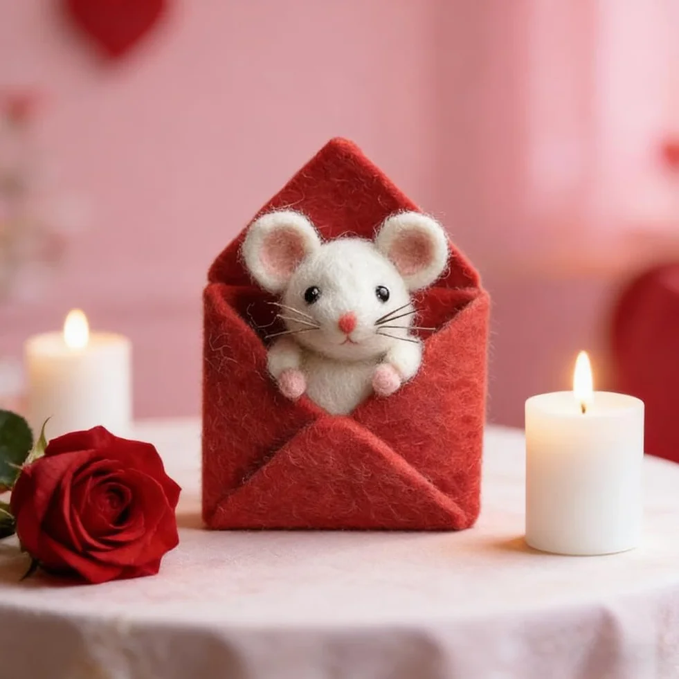 Topolino infeltrito ad ago, regalo di San Valentino, affascinante statuetta di topi in feltro fatti a mano, ornamento per topi in feltro a più livelli, decorazione da tavolo, per decorazioni