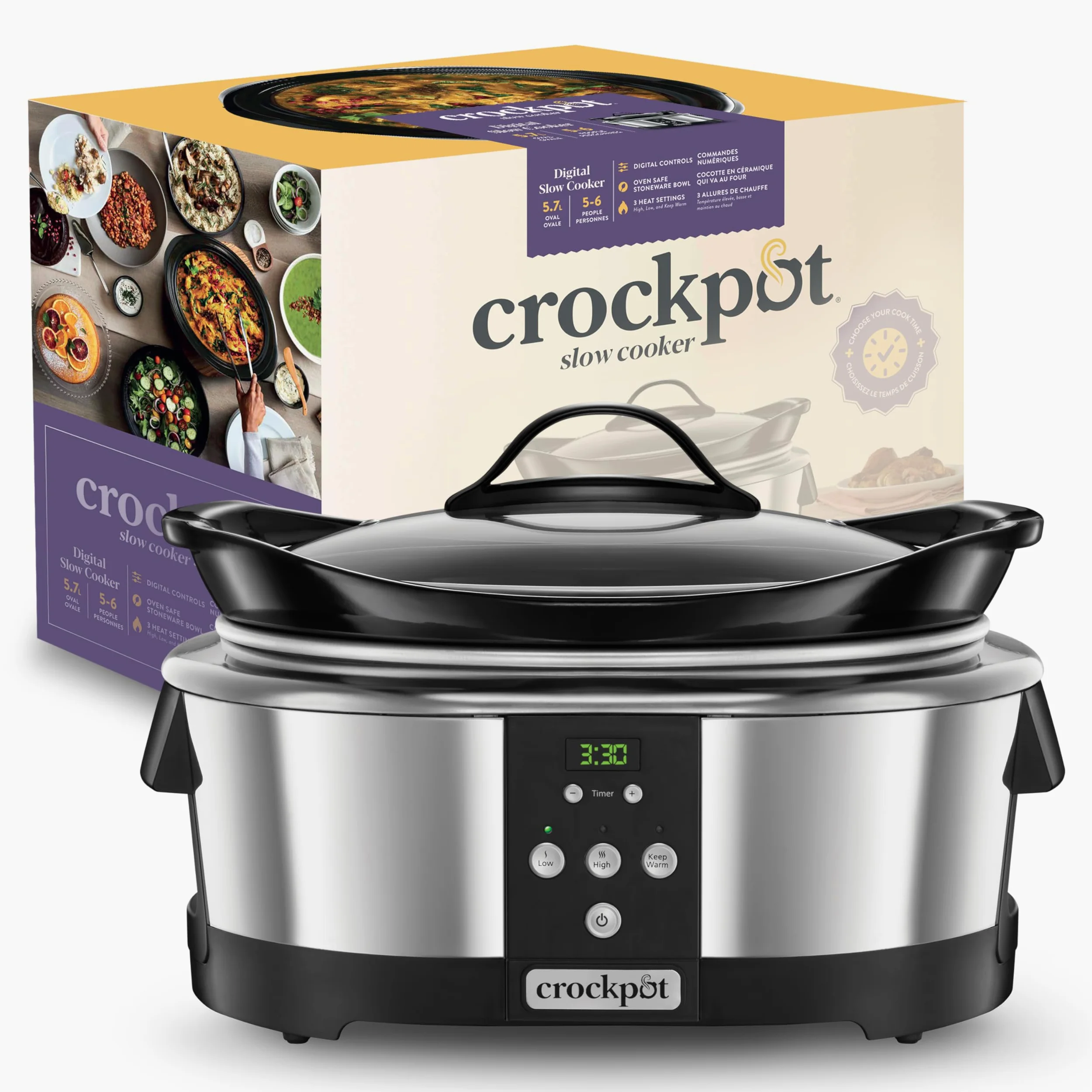 Crock-Pot Slow Cooker Pentola per Cottura Lenta, Capienza 5.7 Litri, Adatta Fino a 8 Persone, 230 W, Digitale, Programmabile, Argento