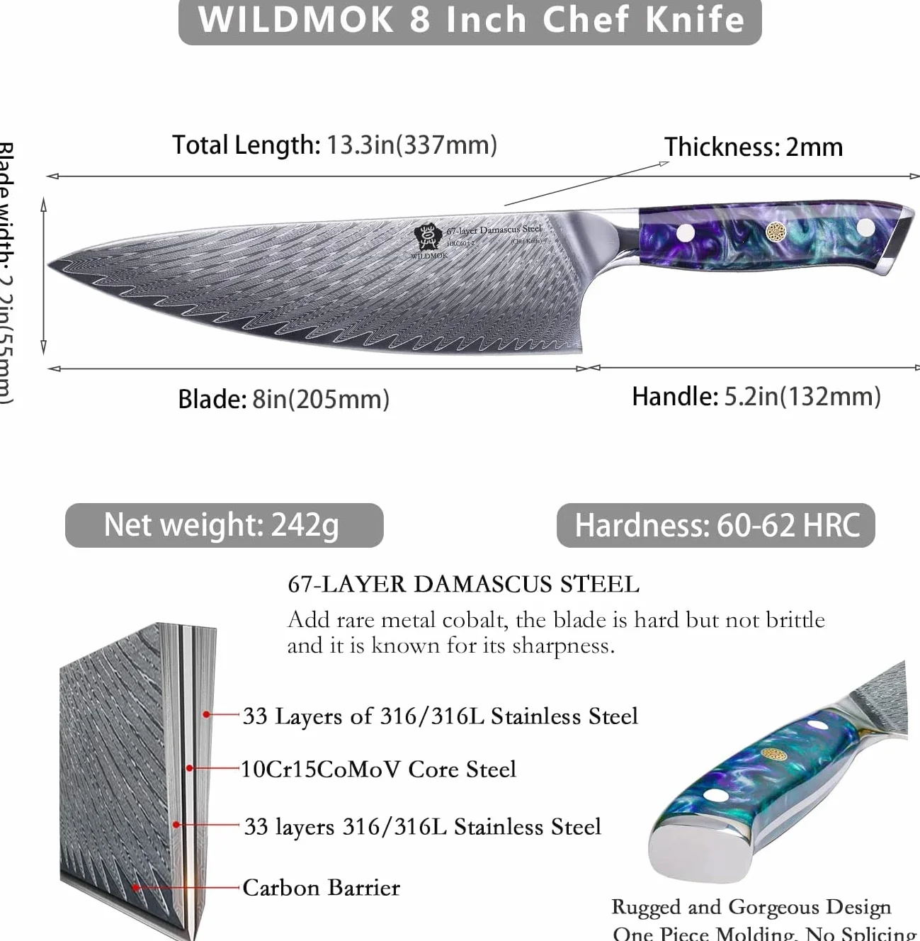 WILDMOK Coltello da Chef 20 cm, Super Acciaio 67 Strati Damasco Rasoio Affilato, Blu e Verde Mix Manico in Resina Full Tang