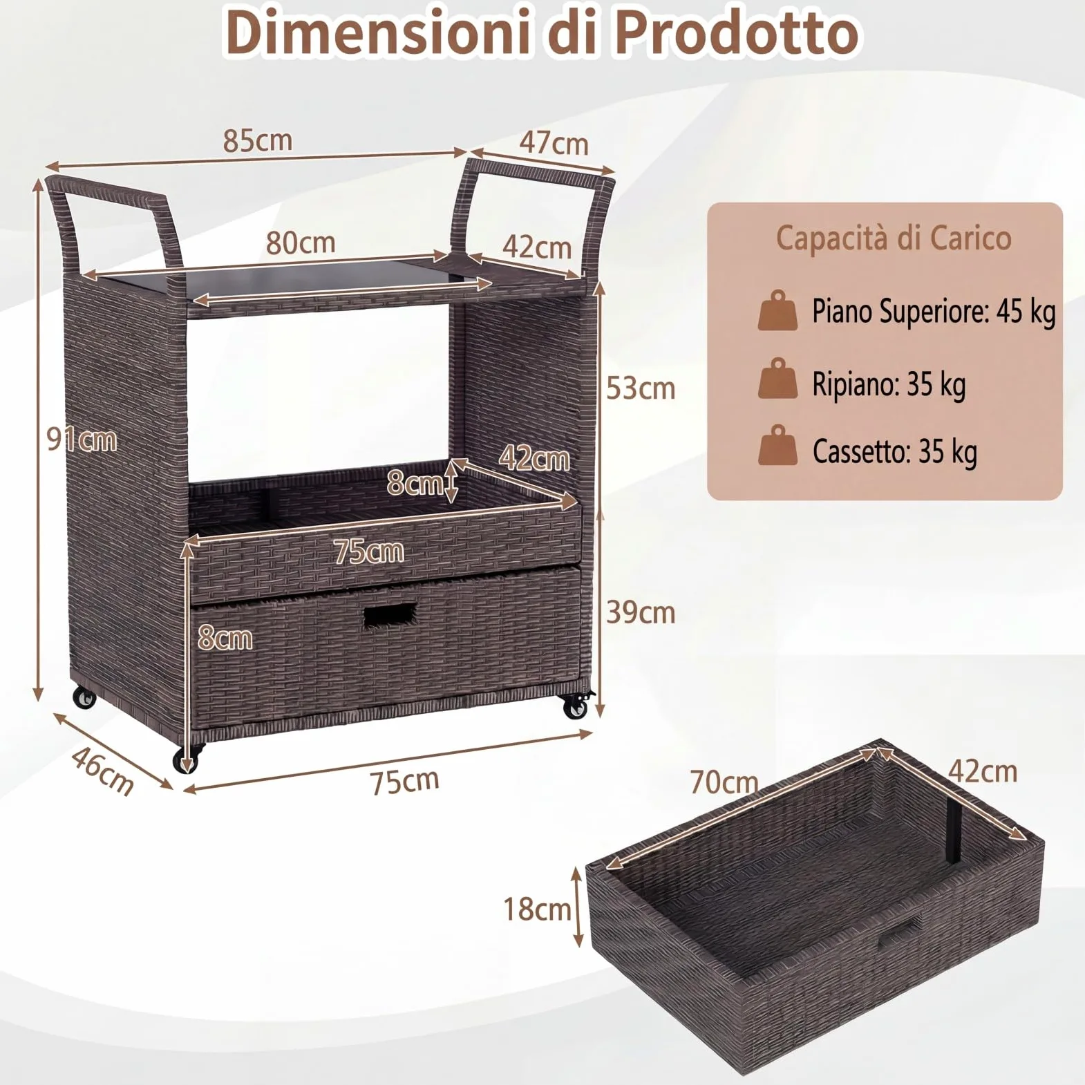 SOARS Carrello Bar in Rattan PE, Tavolo Bar da Esterno con Ruote, Ripiano Aperto, Cassetto e Piano in Vetro Temperato, Carrello di Servizio con Maniglie per Giardino, Cortile, Piscina, 85 X 47 X 92 CM