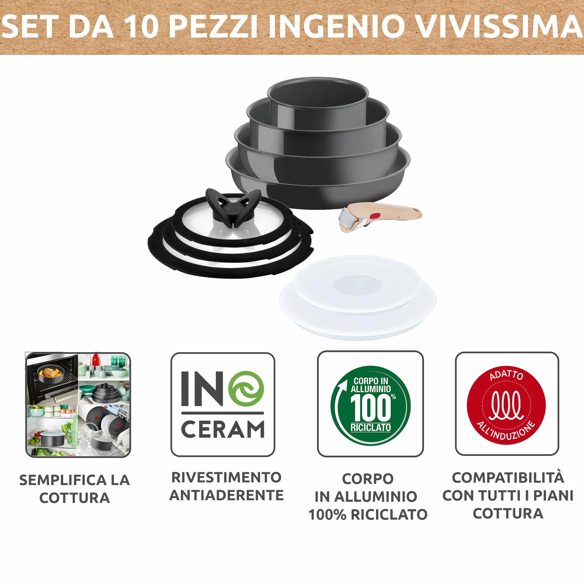 Lagostina Ingenio Vivissima, Set 10 Pezzi in Ceramica Antiaderente con Manico Rimovibile, 100% Alluminio Riciclato con Tecnologia Thermo-Signal per Tutte le Fonti di Calore Inclusa Induzione