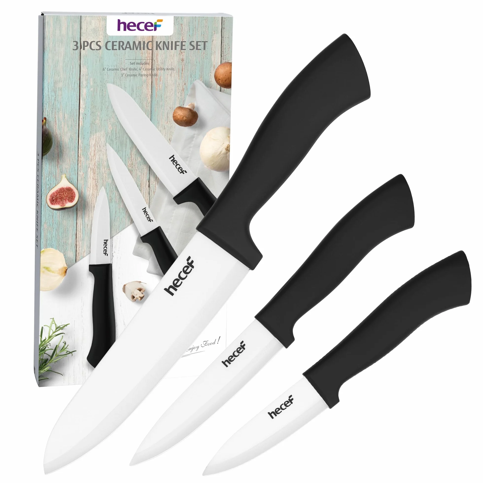 Set di Coltelli in Ceramica 3 pezzi Professionali da Cucina 6'' 4'' 3'' Bianco